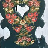 Set of 3 vintage wooden accent chairs painted navy blue, with 1920s decorated backs.