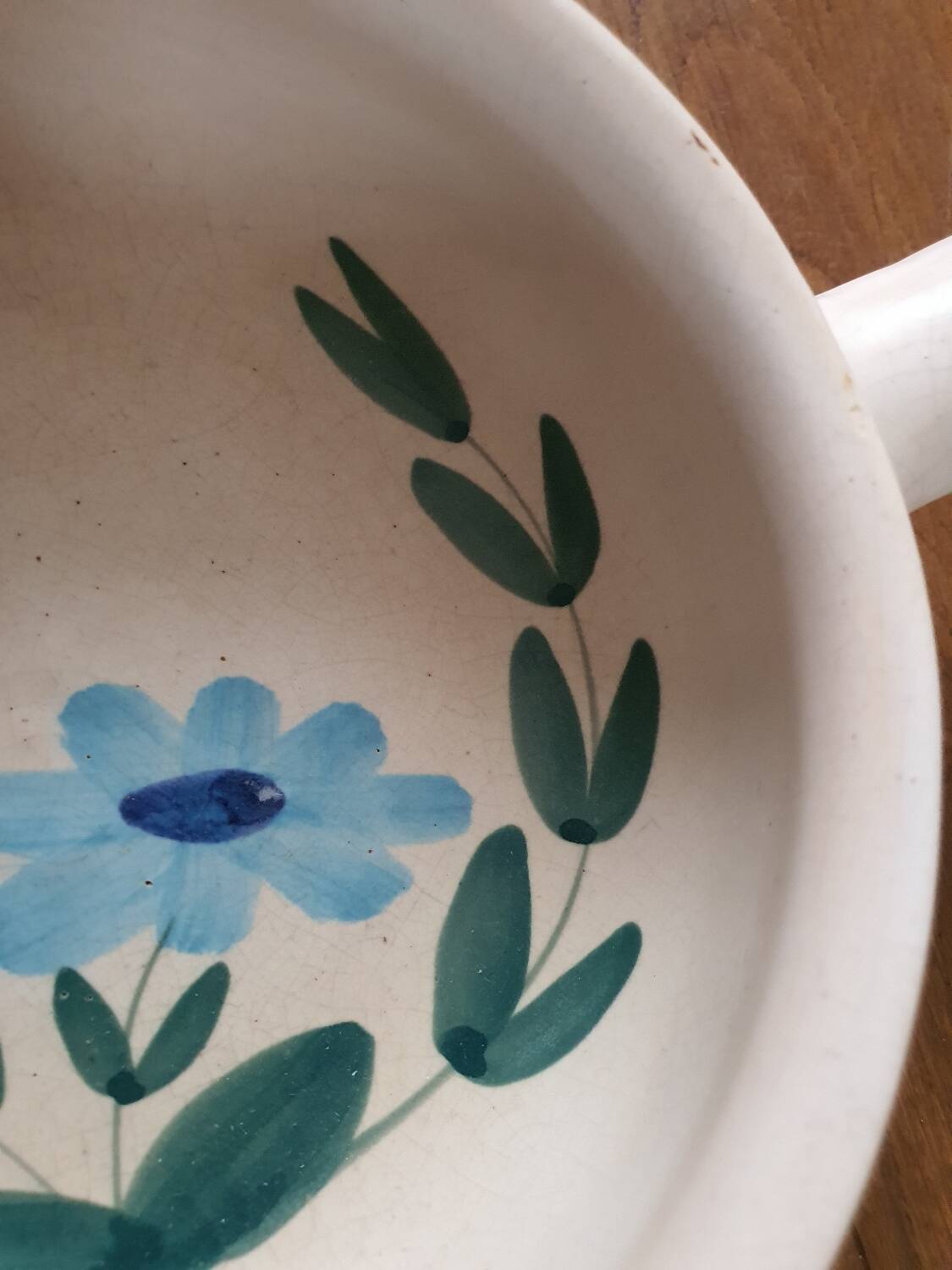 Vintage fondue pot, Marais pottery, hand-painted blue floral decoration