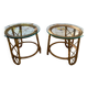 Pair of round coffee tables in vintage rattan and glass from the 1960s