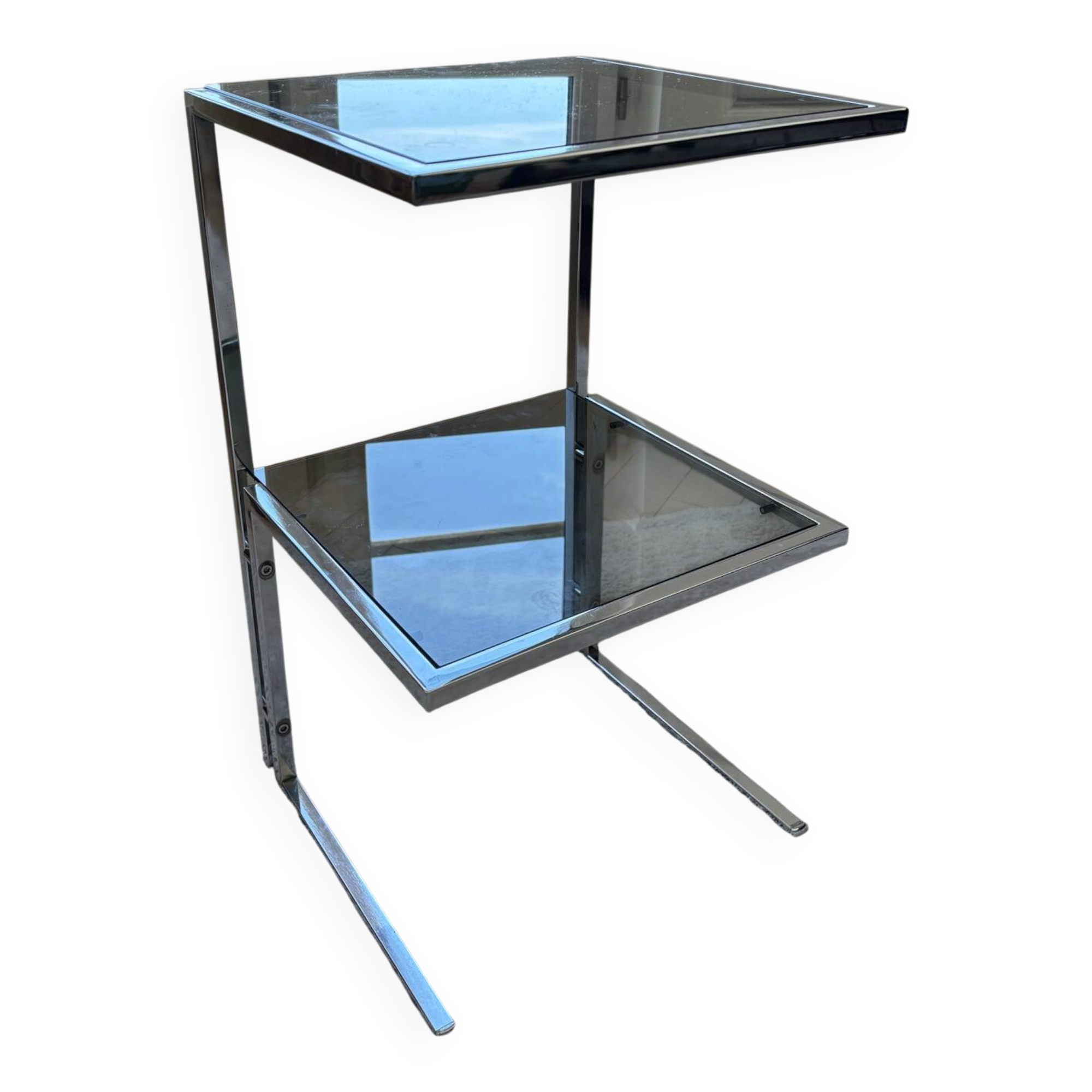 Table d’appoint en verre fumé et métal chromé – Design vintage