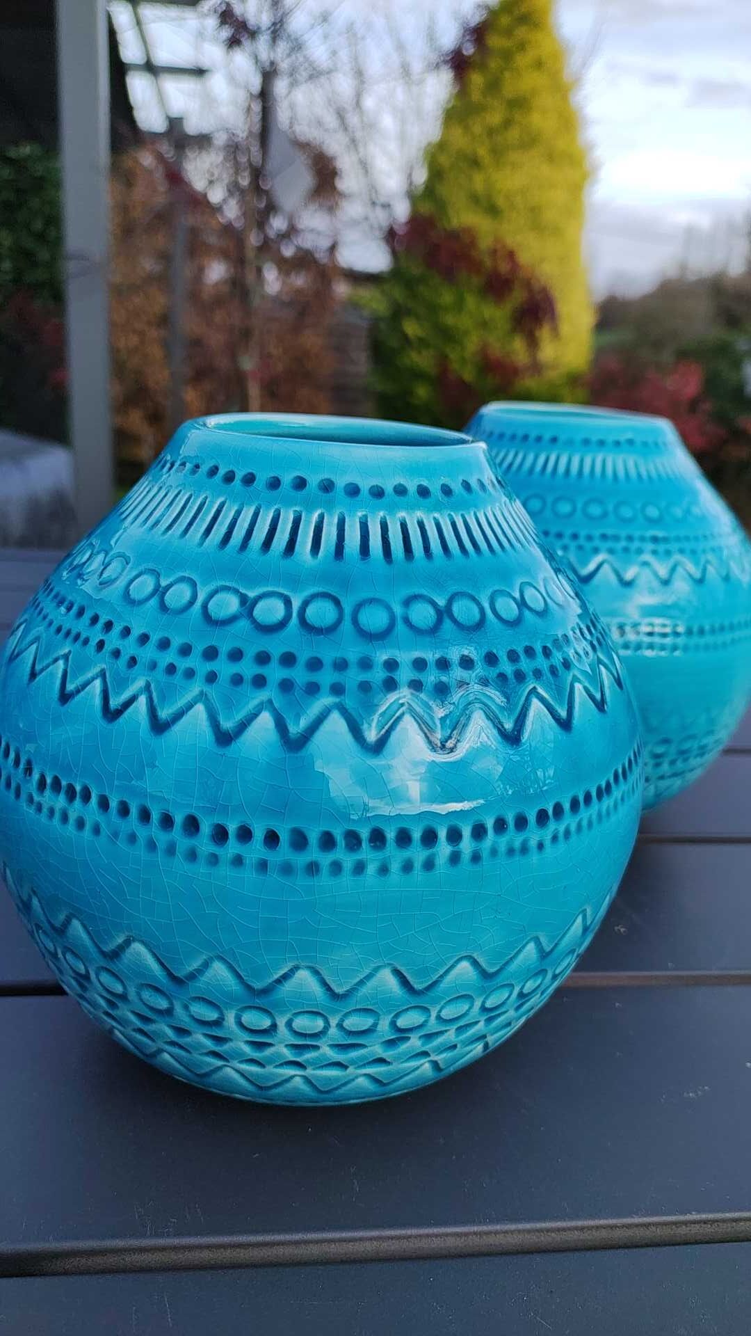Pair of vases shaped ball stylish Asian. Glazed ceramic