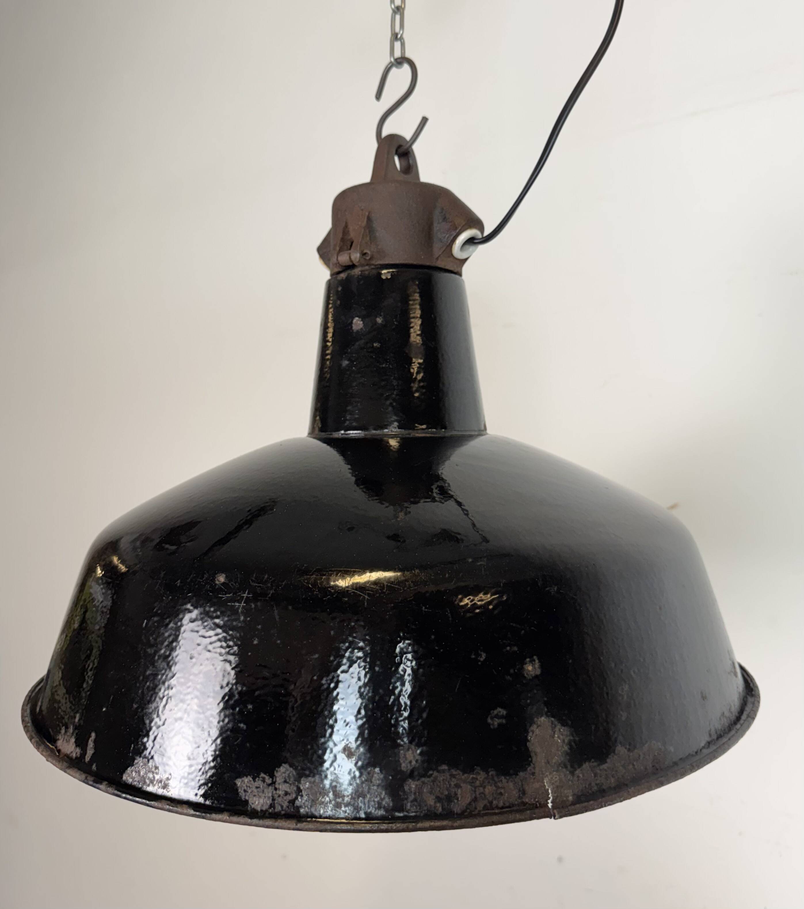 Industrial Black Enamel Factory Lamp with Cast Iron Top, 1950s