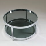 Round chrome-plated metal coffee table and smoked glass tops, France 1970s