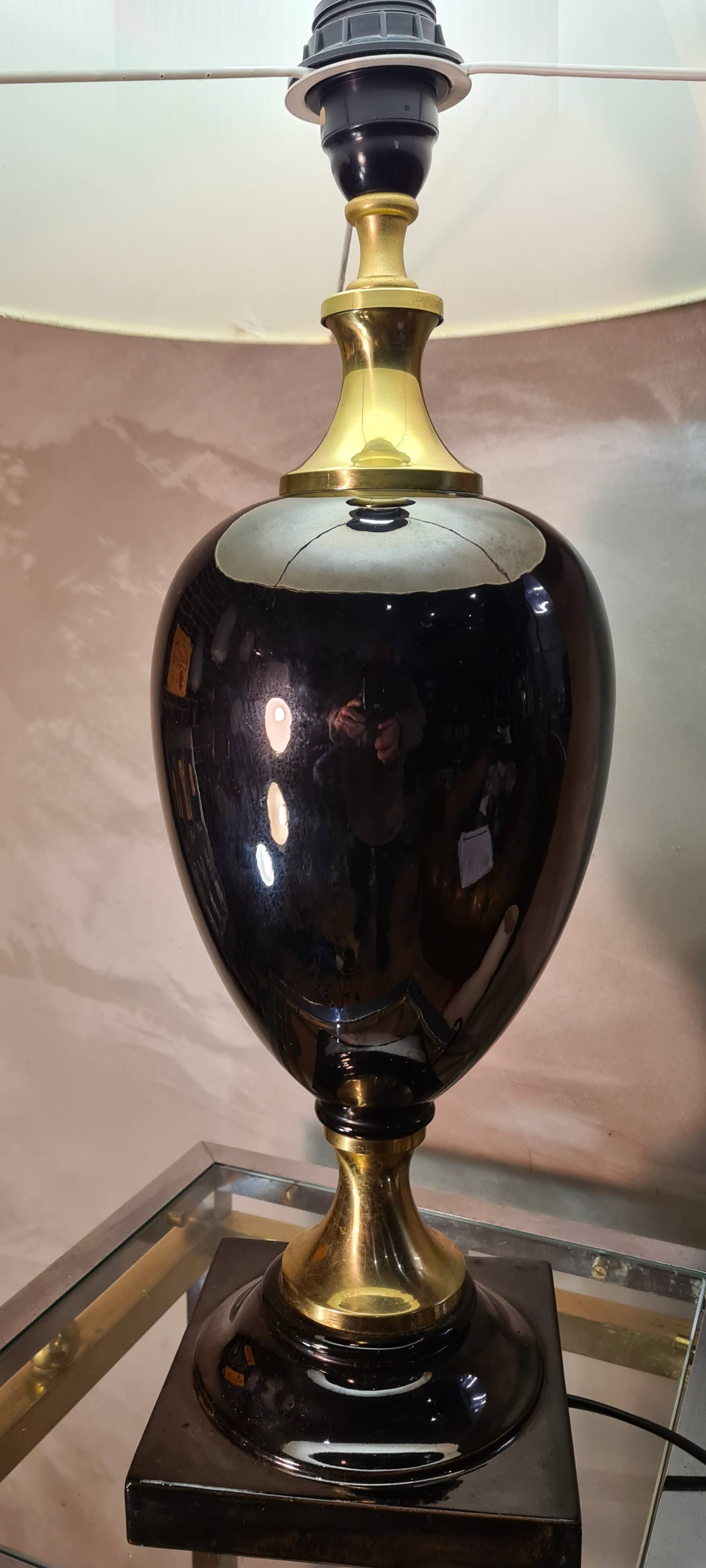 black glazed and gold ceramic lamp