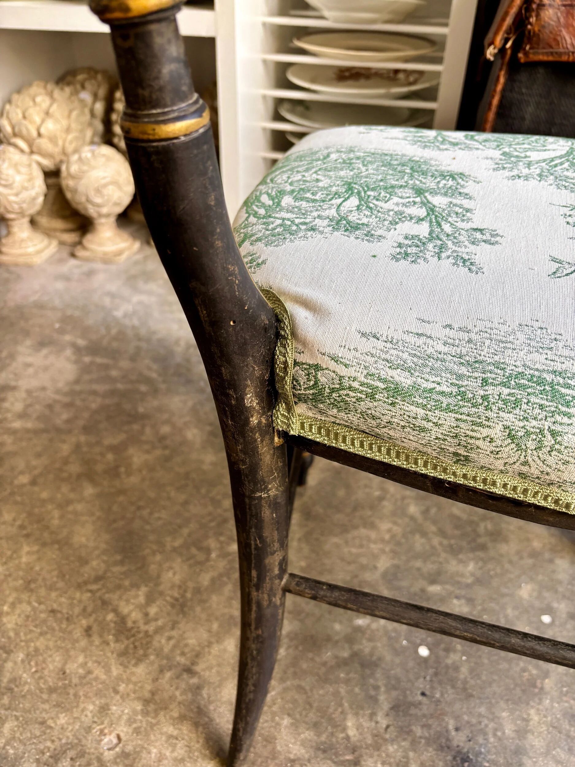 Napoleon III chair in blackened wood and green toile de Jouy.