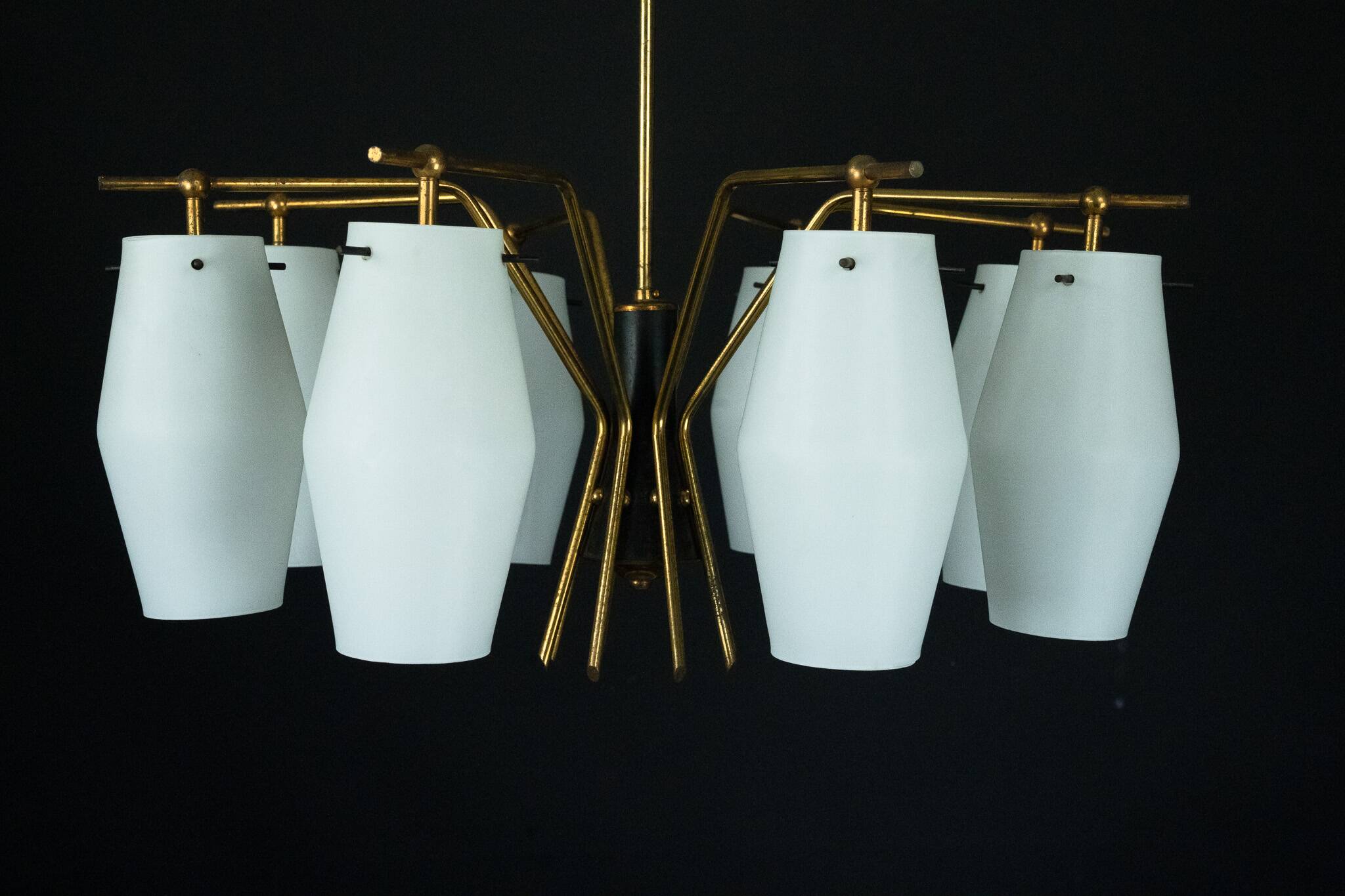 Mid-century chandelier with eight opaline glass shades