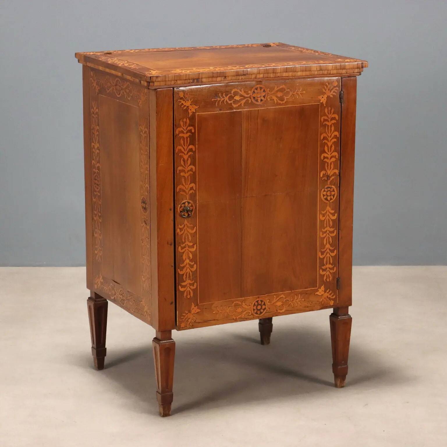 Antique walnut bedside table with maple inlays, converted into a bar cabinet, 19th century.