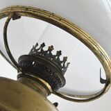 Vintage brass lamp with white opaline glass shade.