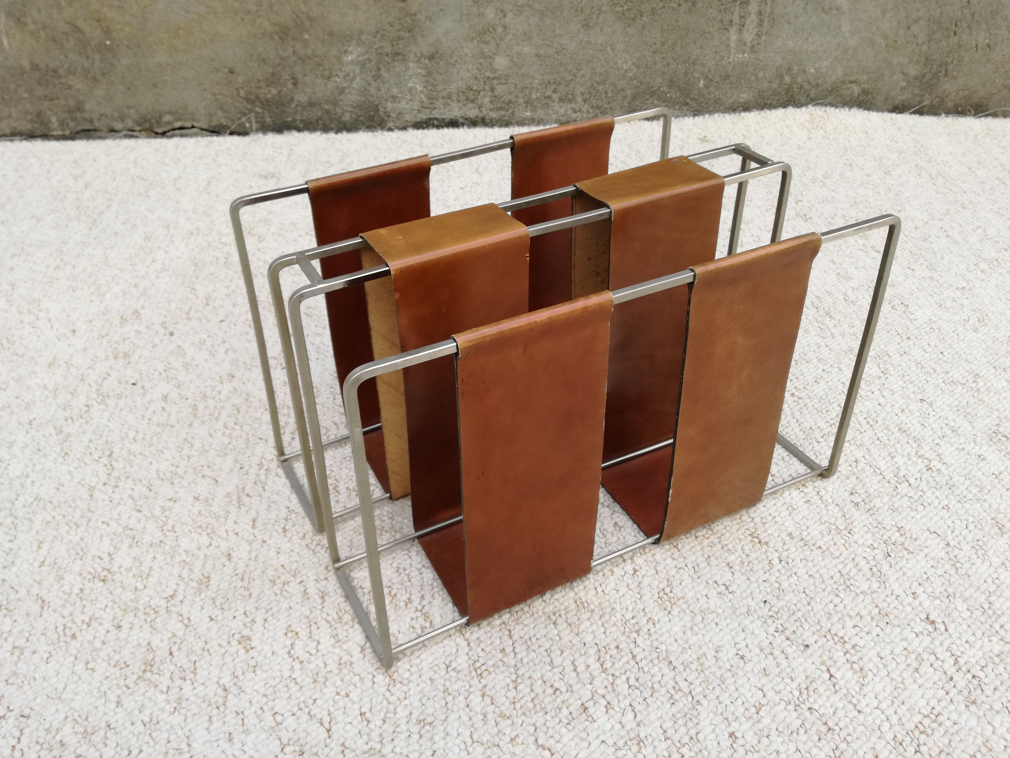 Minimalist metal and camel leather magazine holder