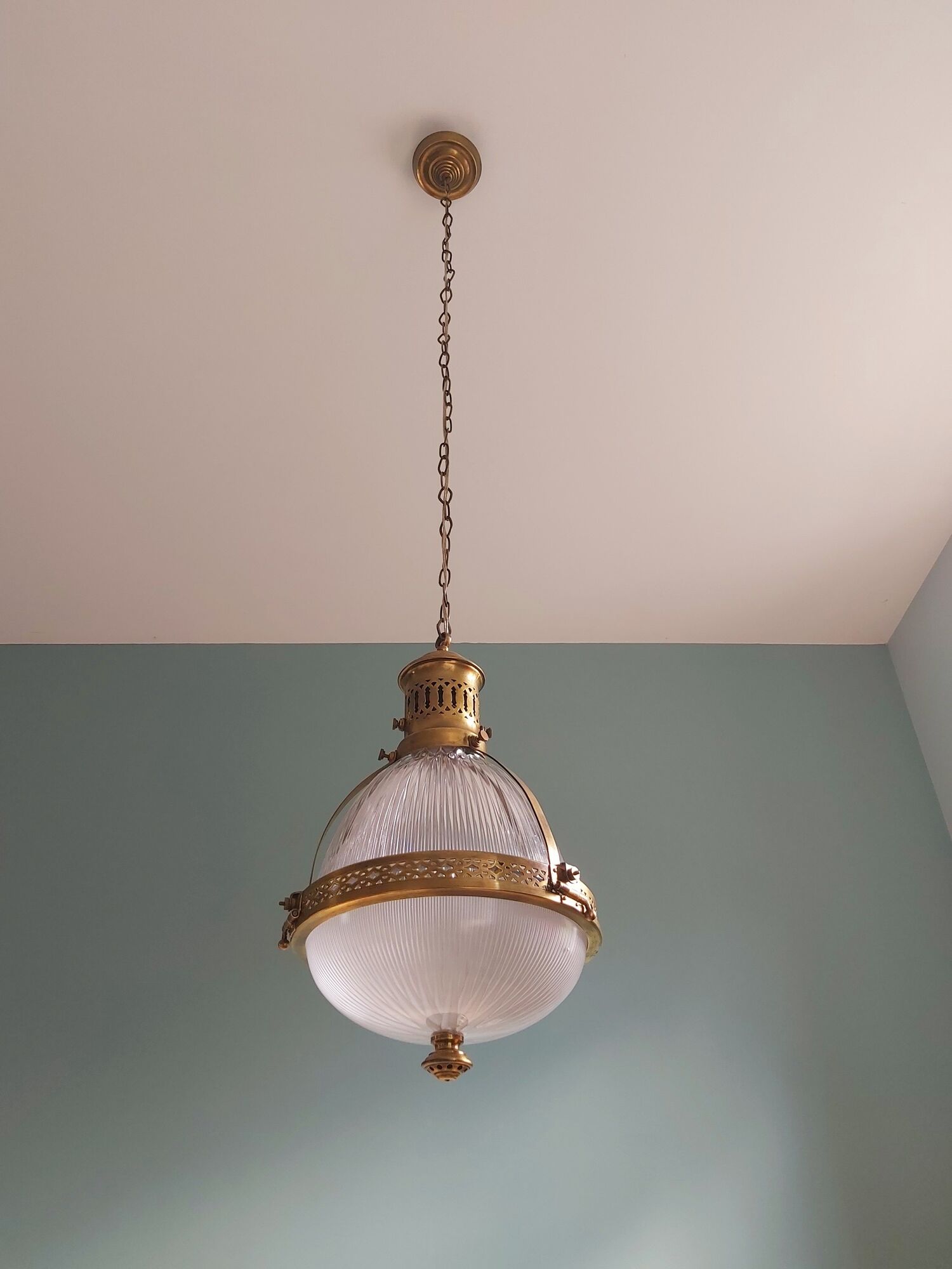 Holophane pendant lamp in prismatic glass and brass, 1920s-30s