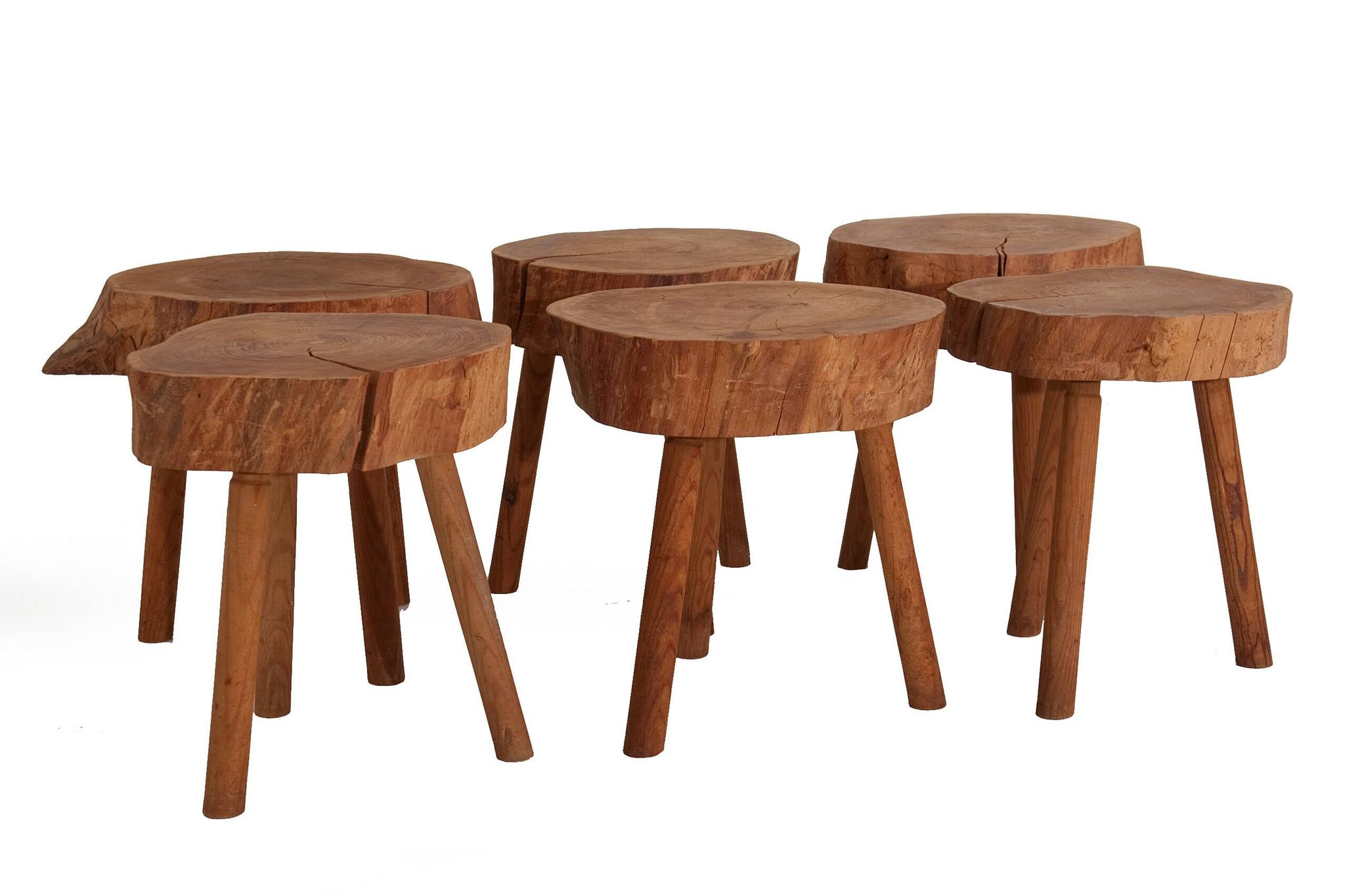 6 Raw Log Stools or Bedside Tables France circa 1970