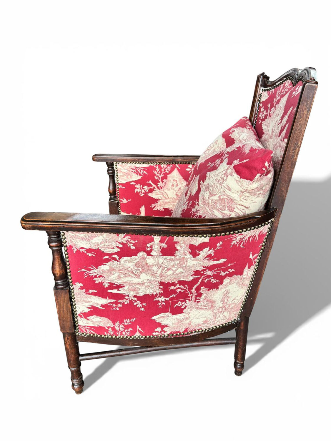 Antique armchair from around 1900, solid wood – red toile de Jouy.