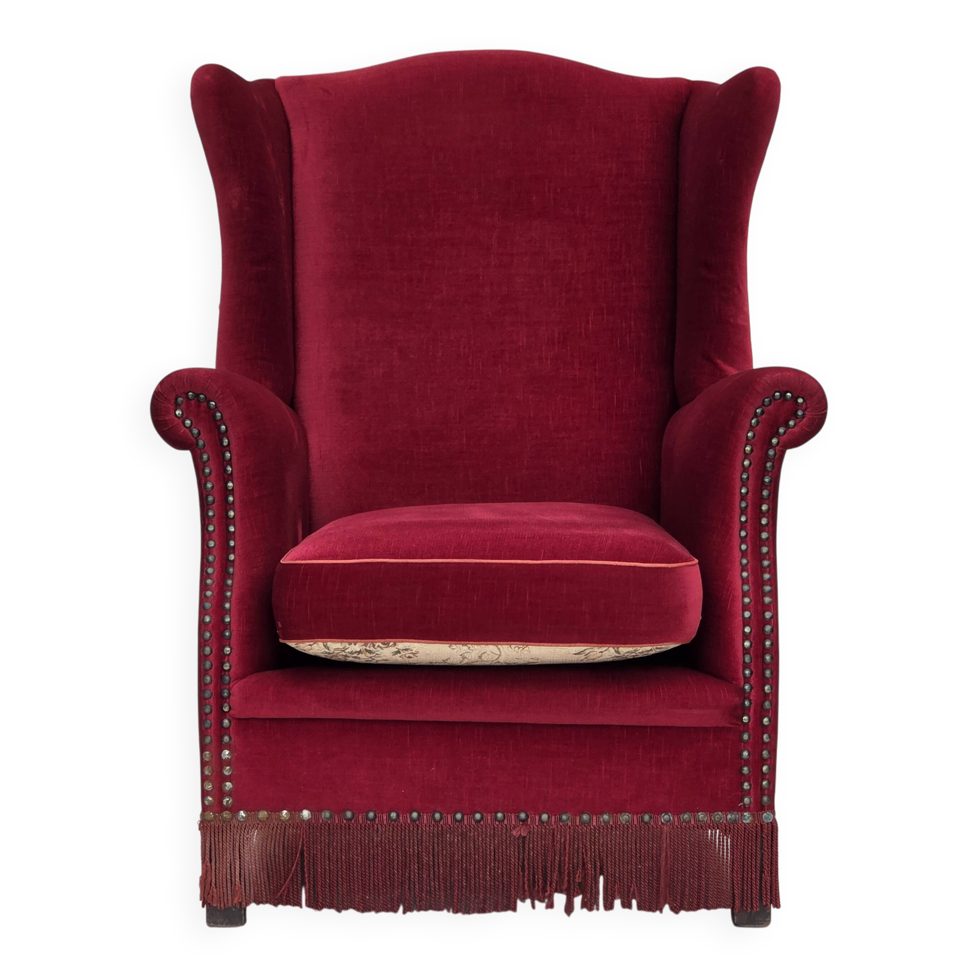 1970s, Danish highback armchair, red furniture velour, ash wood.