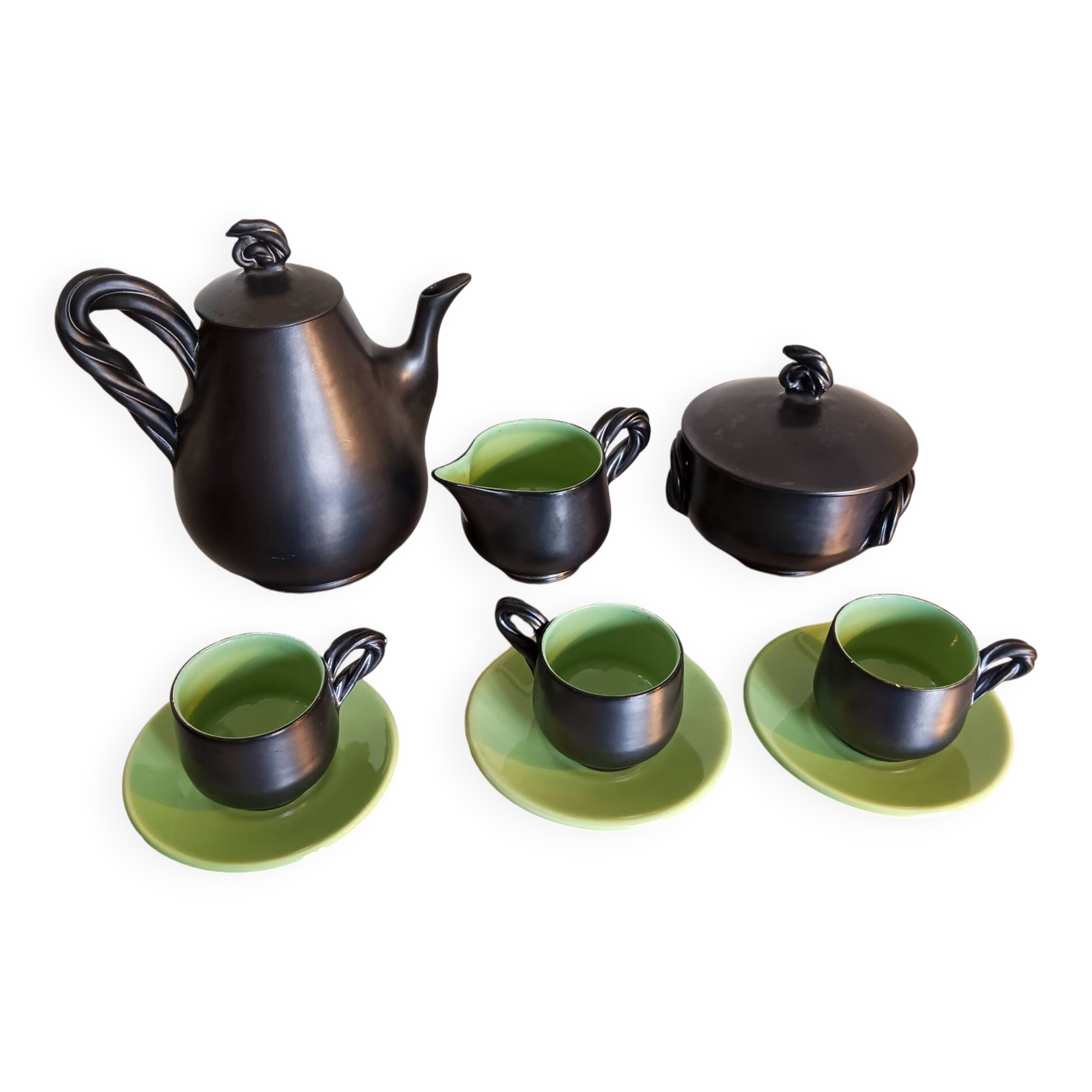 Vallauris Monica Céram coffee set, anthracite black outdoors, green indoors. 9 pieces.