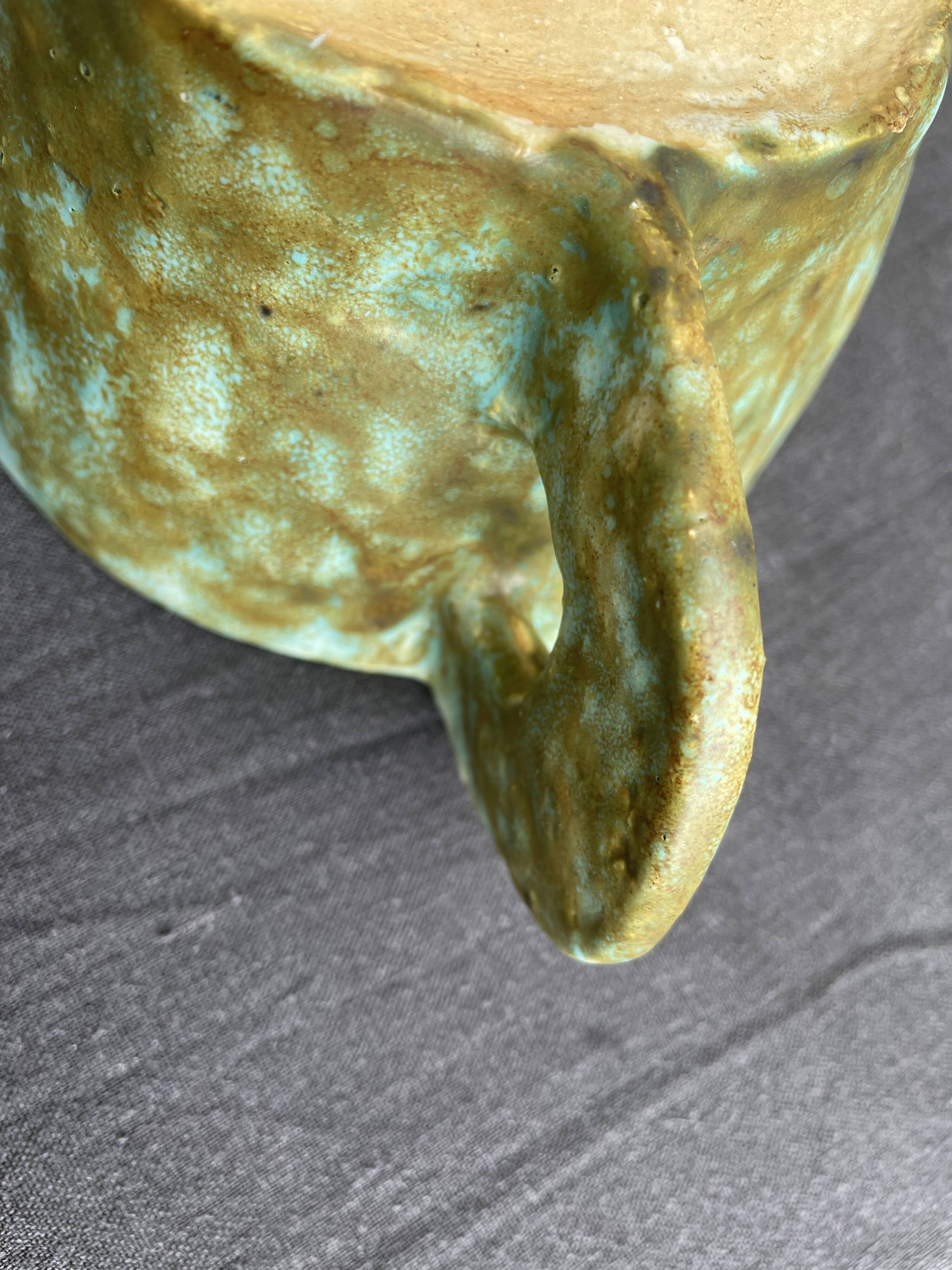 Stoneware bowl with handles, signed handmade ceramic.