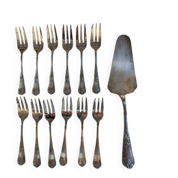 Set of 12 dessert forks and a cake server.