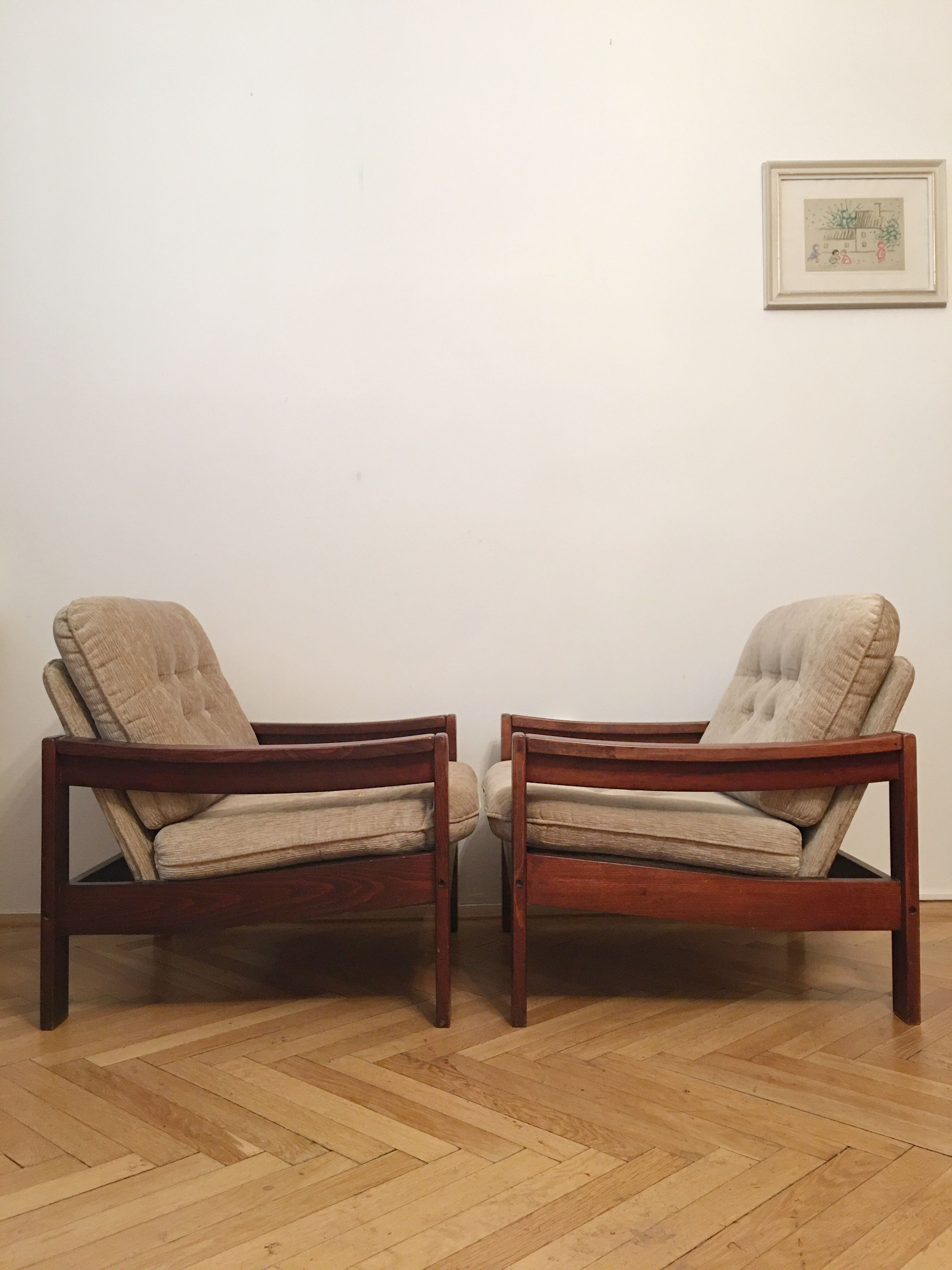 Brown vintage armchairs, 1960s, pair with one stool
