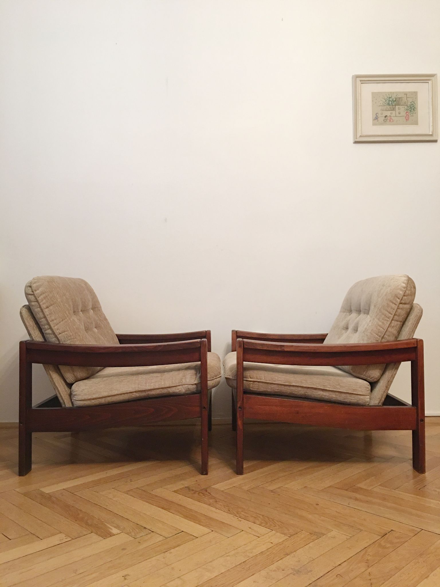 Brown vintage armchairs, 1960s, pair with one stool