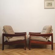 Brown vintage armchairs, 1960s, pair with one stool