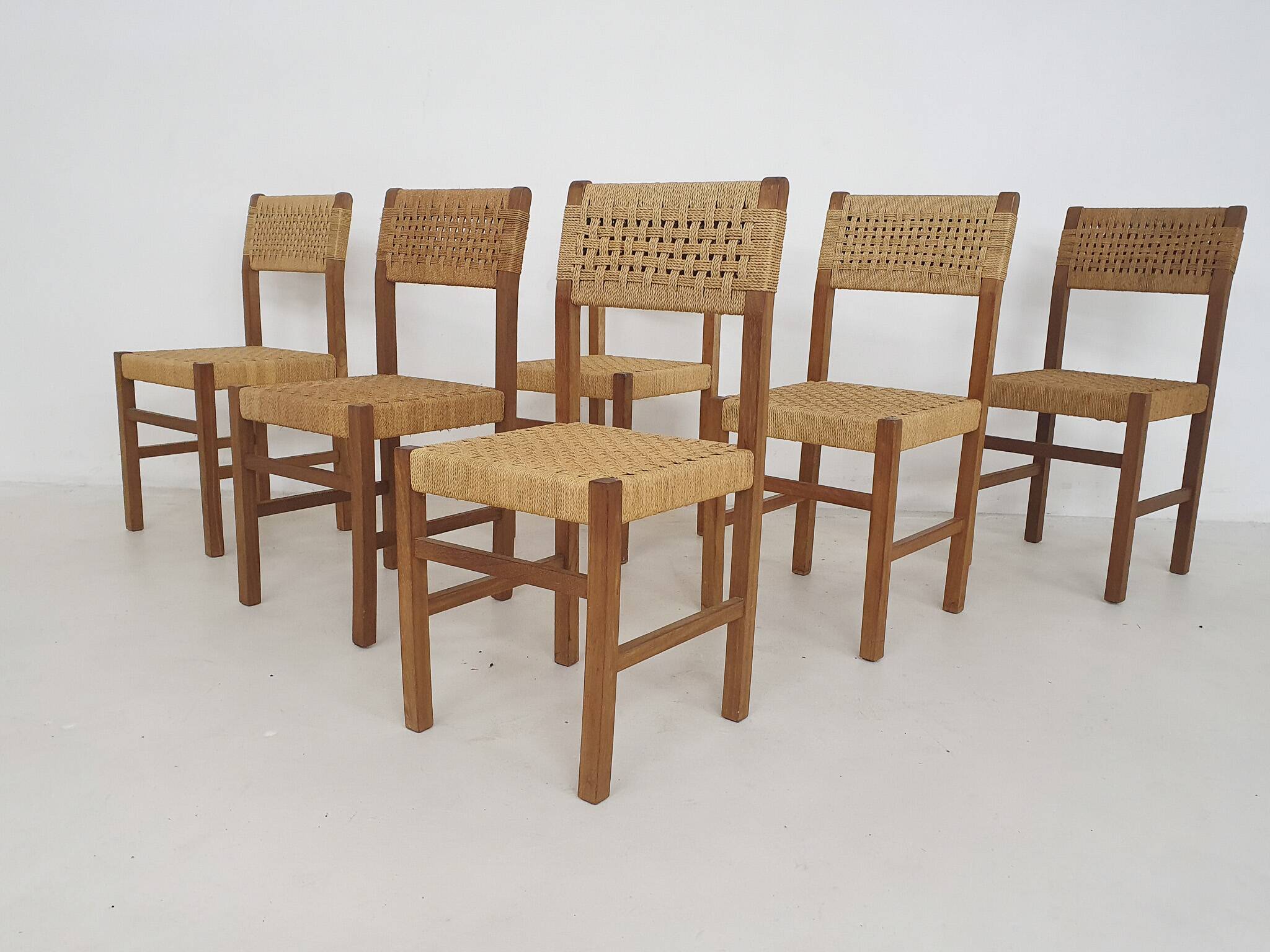 Set of six papercord dining chairs, France 1950's