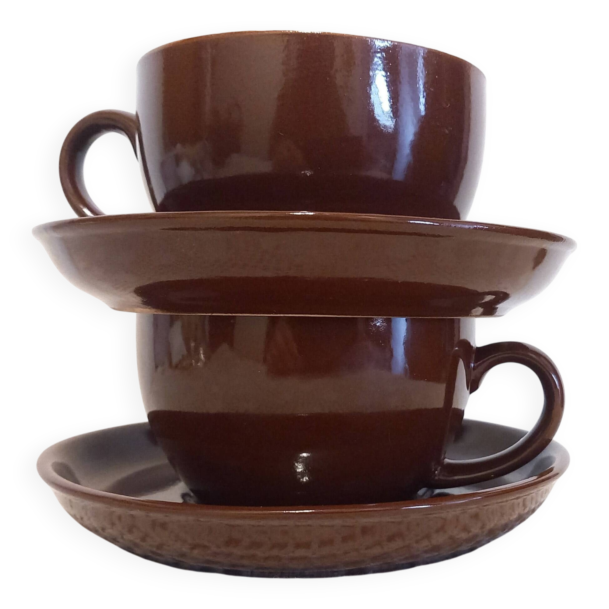 2 brown cups + saucers for tea, hot chocolate, coffee / Tête à tête