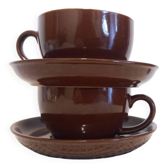 2 brown cups + saucers for tea, hot chocolate, coffee / Tête à tête