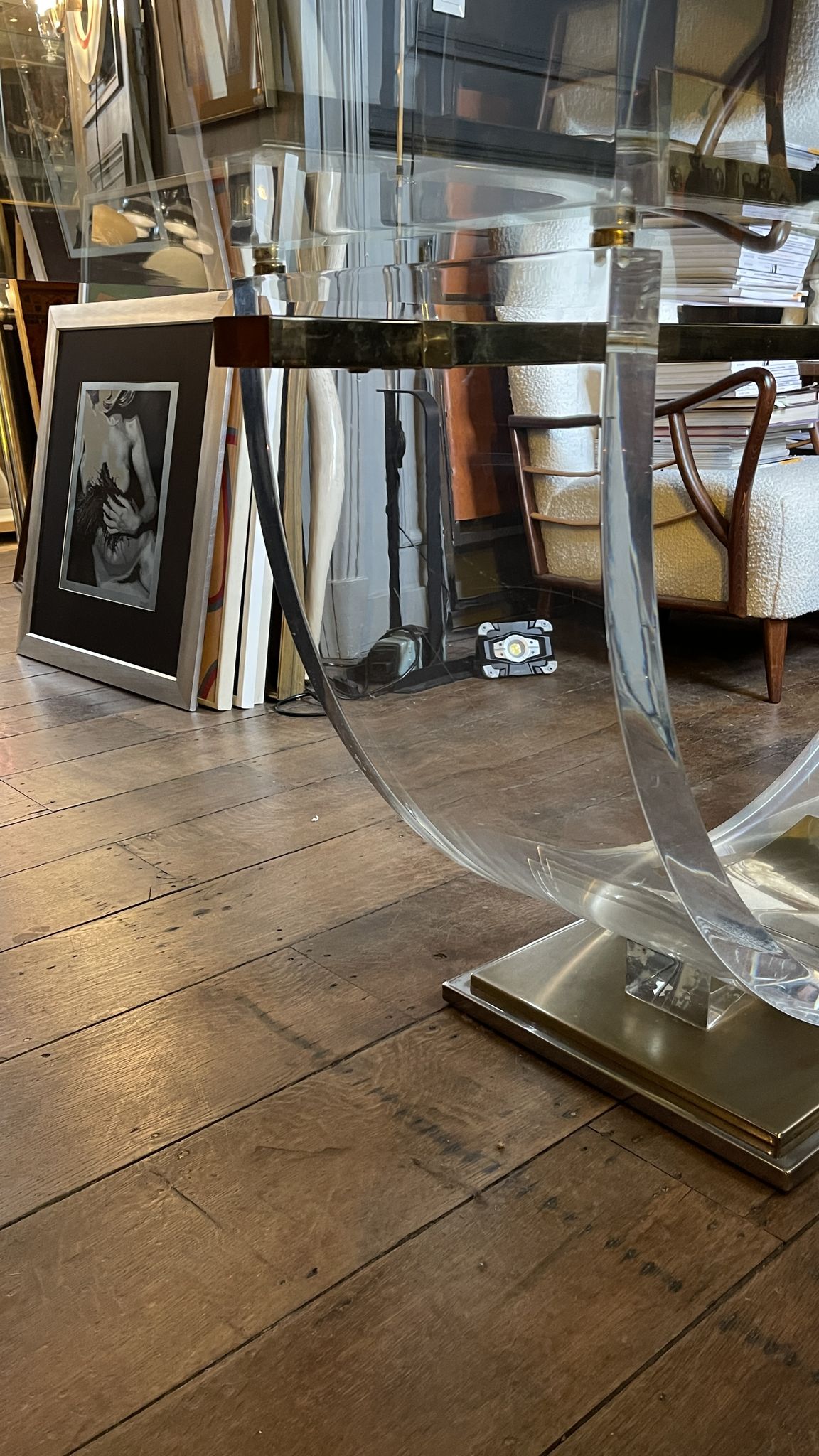 Dining room table by Charles Hollis Jones, lucite & brass, hollywood regency style, ca 1970