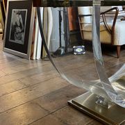 Dining room table by Charles Hollis Jones, lucite & brass, hollywood regency style, ca 1970