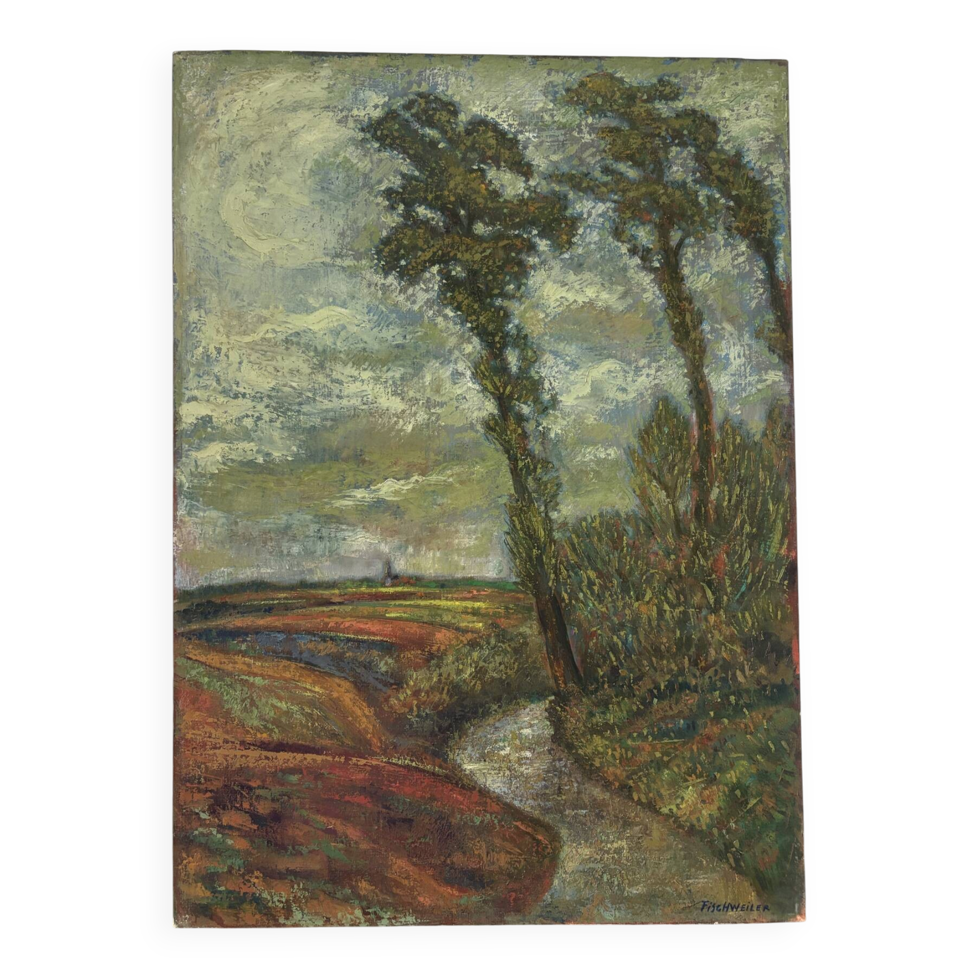Under a stormy sky, oil on canvas signed