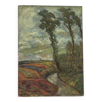 Under a stormy sky, oil on canvas signed