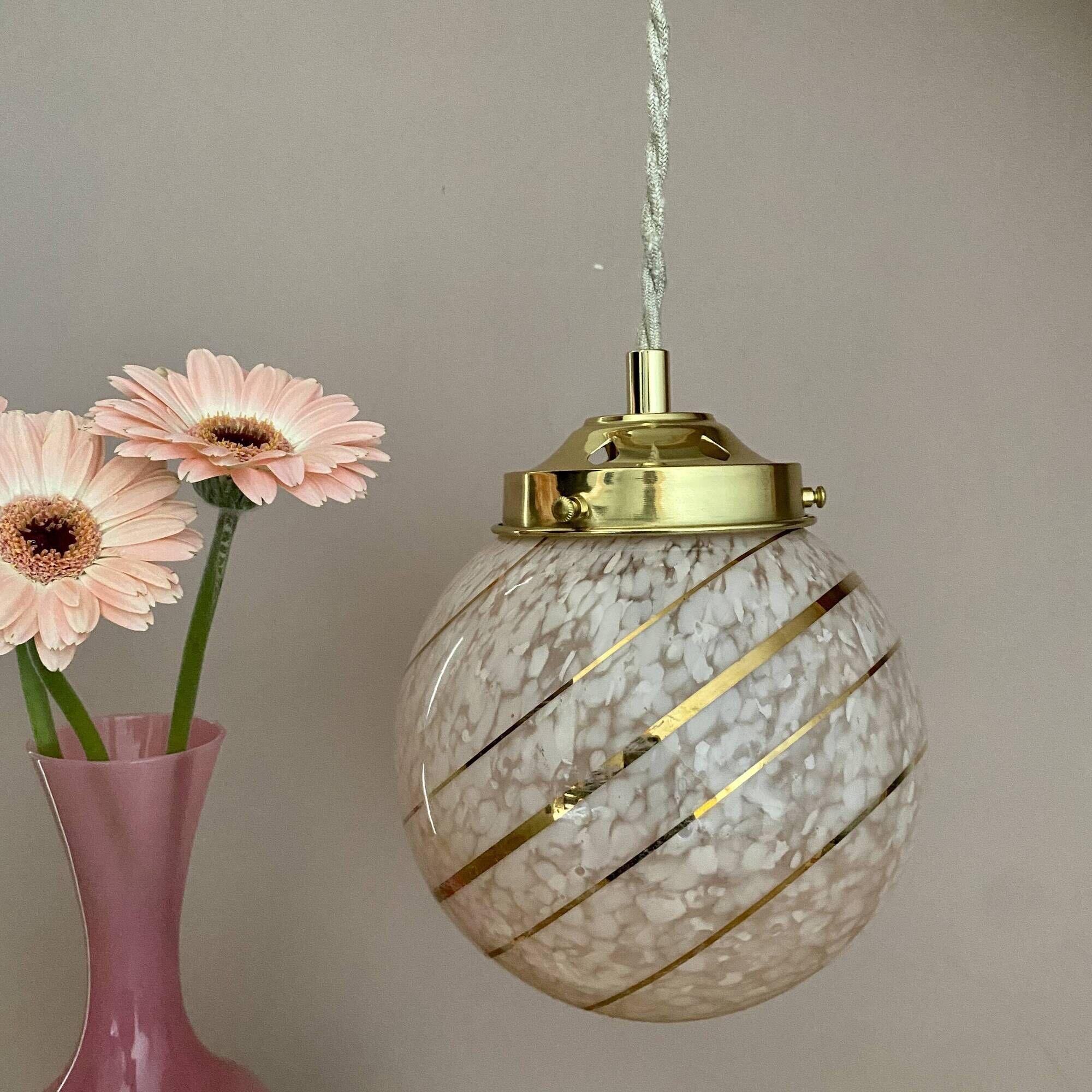 Vintage art deco globe pendant light in pink and gold Clichy glass