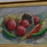 Huile sur panneau suédoise originale « Nature morte aux produits » par A. Kondrell