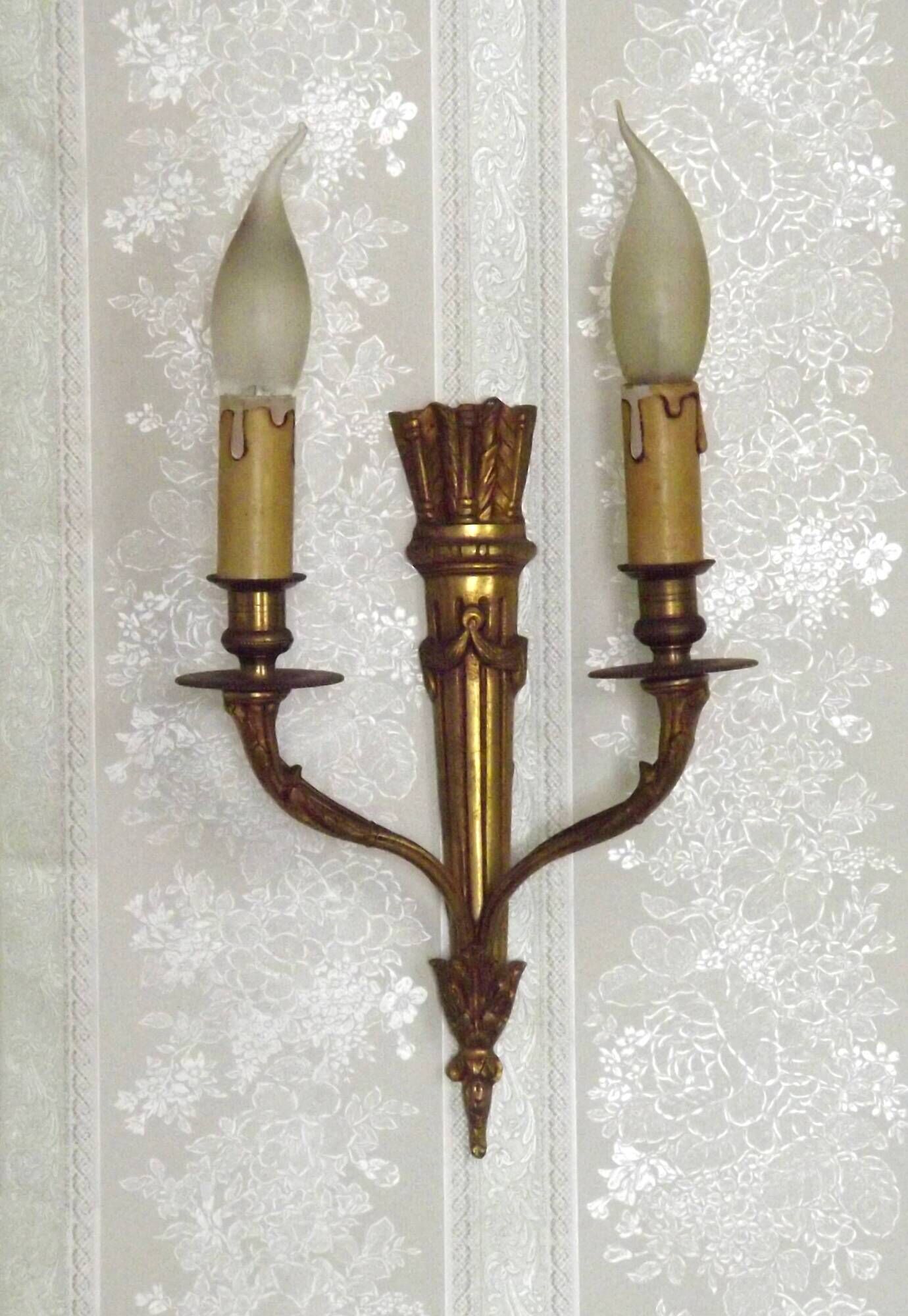 Elegant Pair French Antique Bronze Empire Arrow Style Double Wall Lights 4841