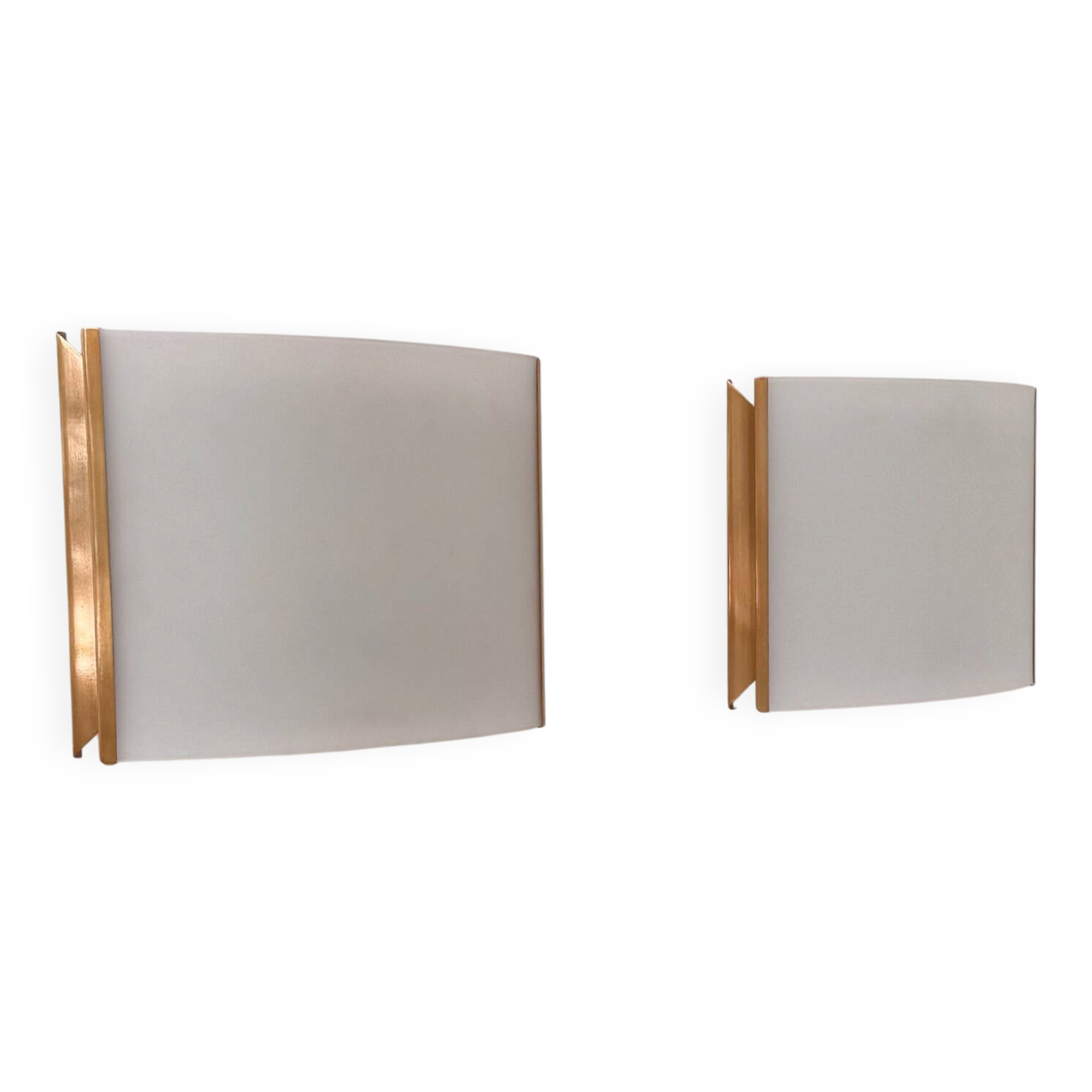 Pair of vintage brass and curved glass wall lights, France, 1970.