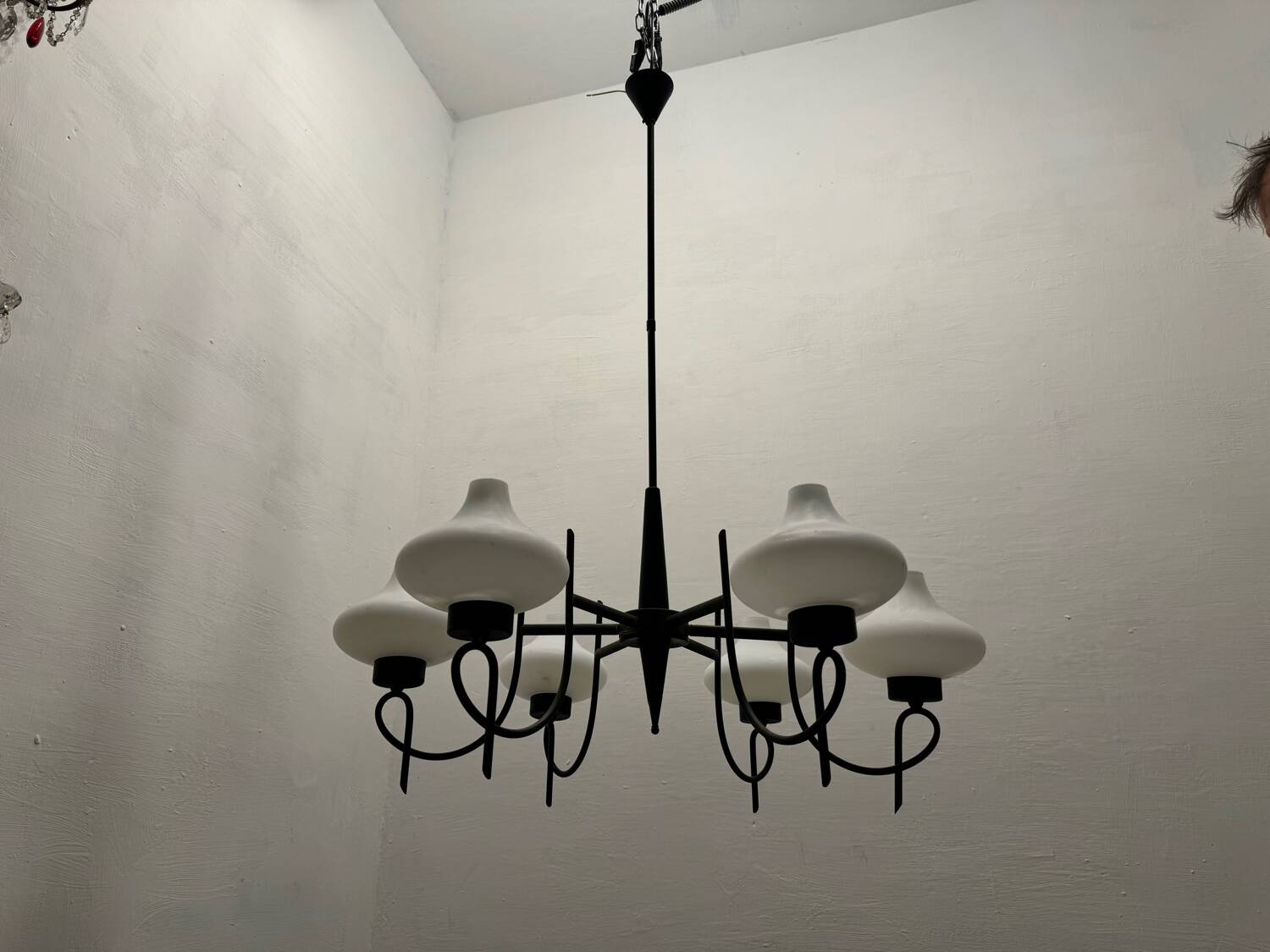 Italian Bronze Opaline Glass Chandelier 1950’s