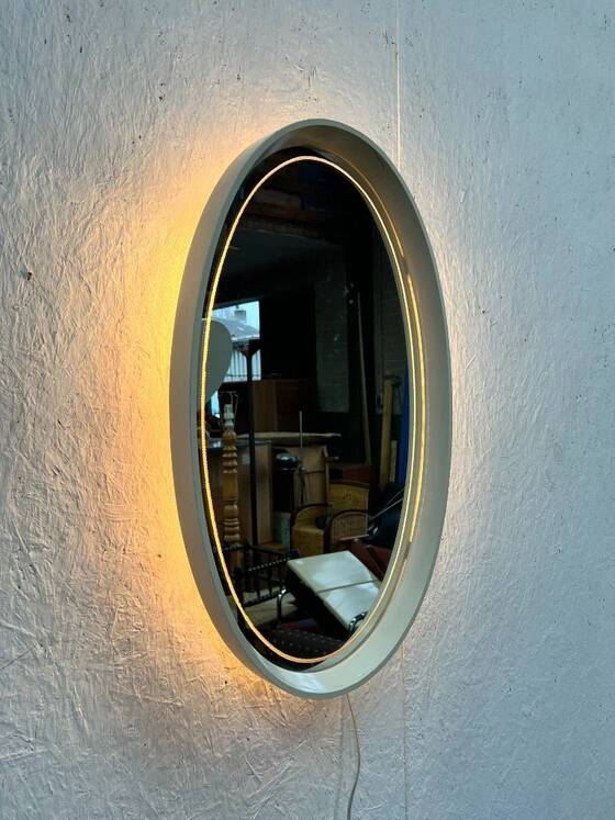 Vintage Oval Mirror with Lighting in Wooden Frame, Hillebrand Germany 1970s