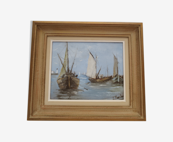 Marine painting on the treport, in its frame