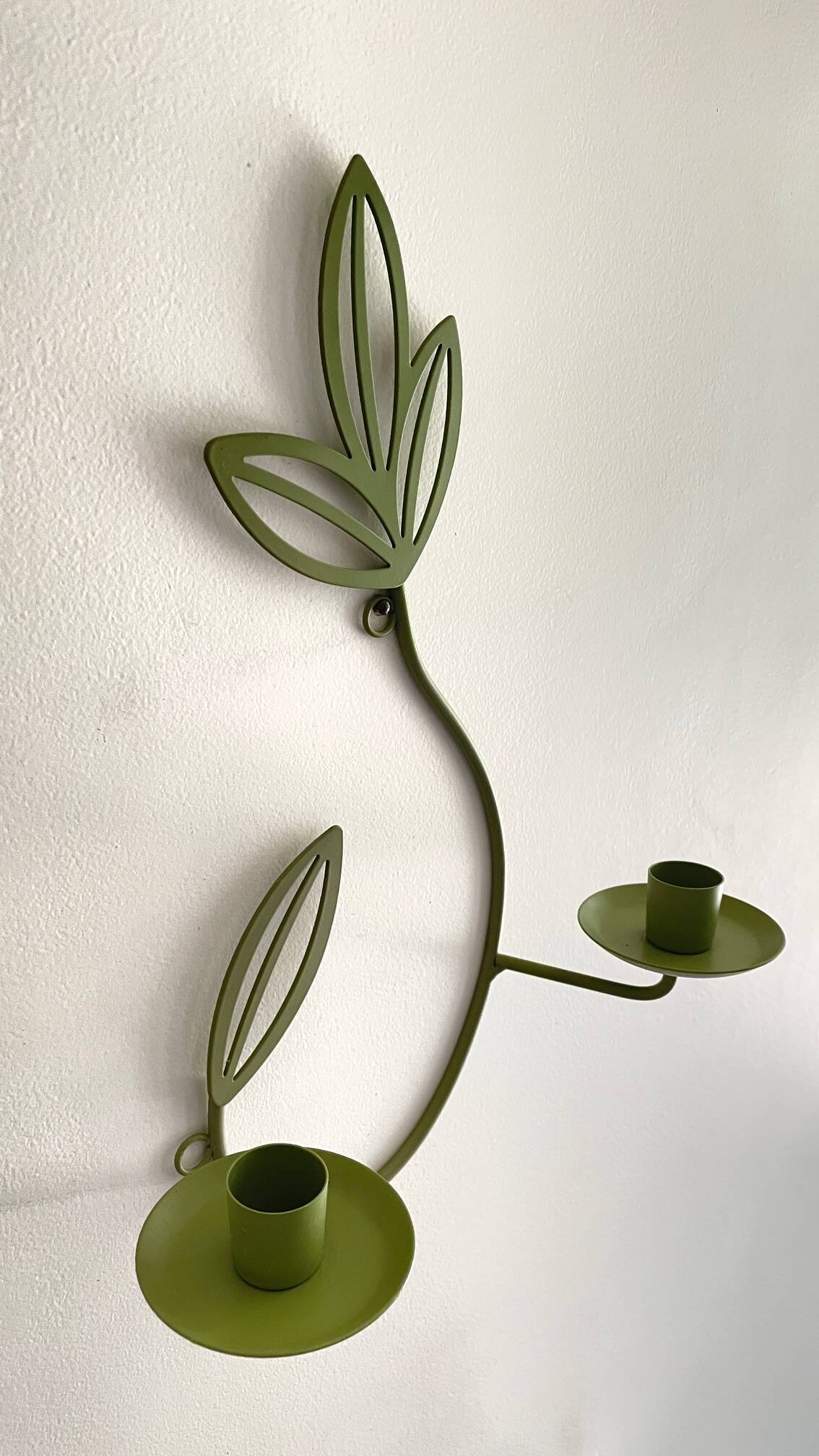 Wall Candle Holder, Green Metal Leaves