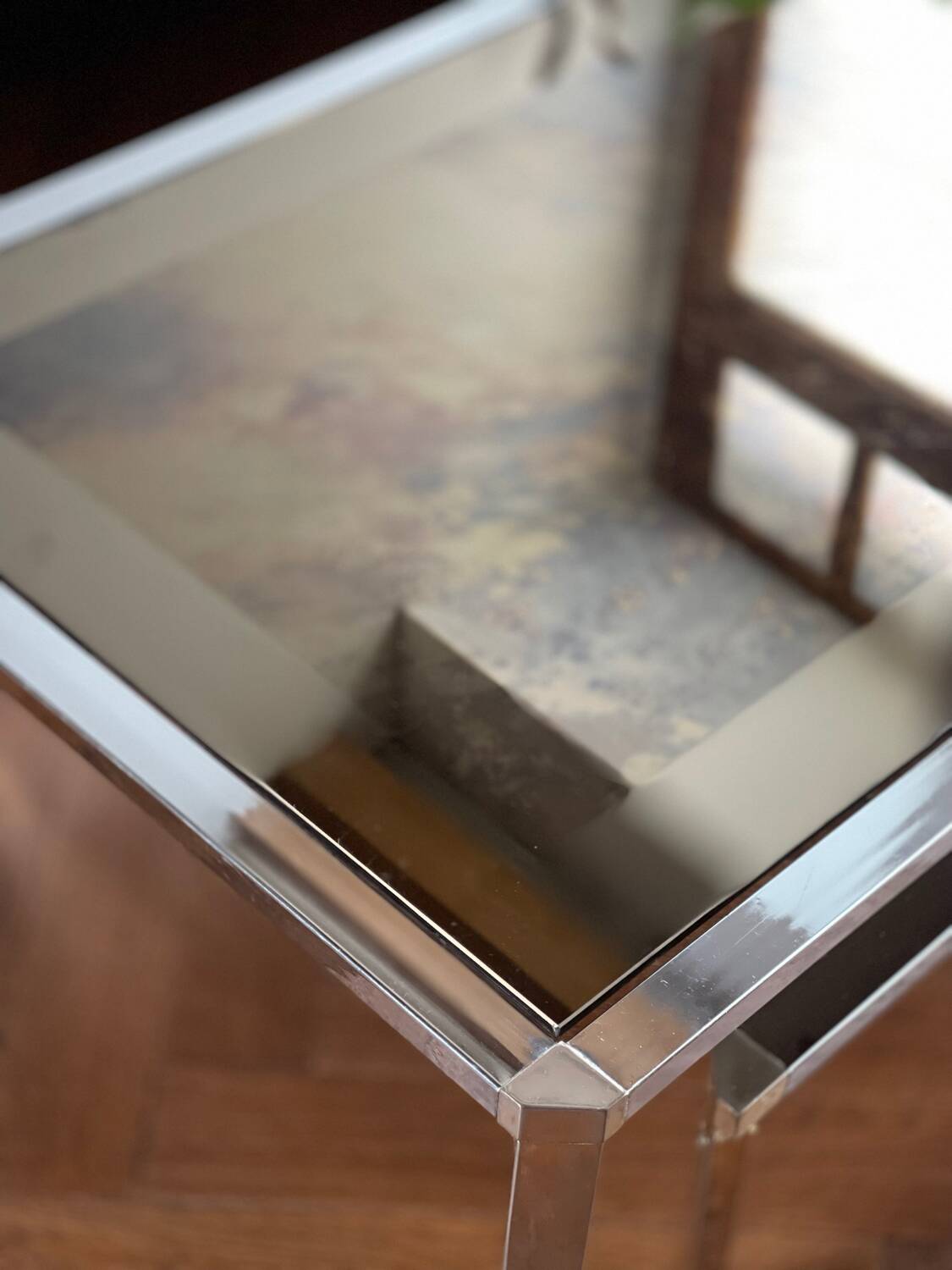 Table basse miroir fumé marbré vintage 1970s