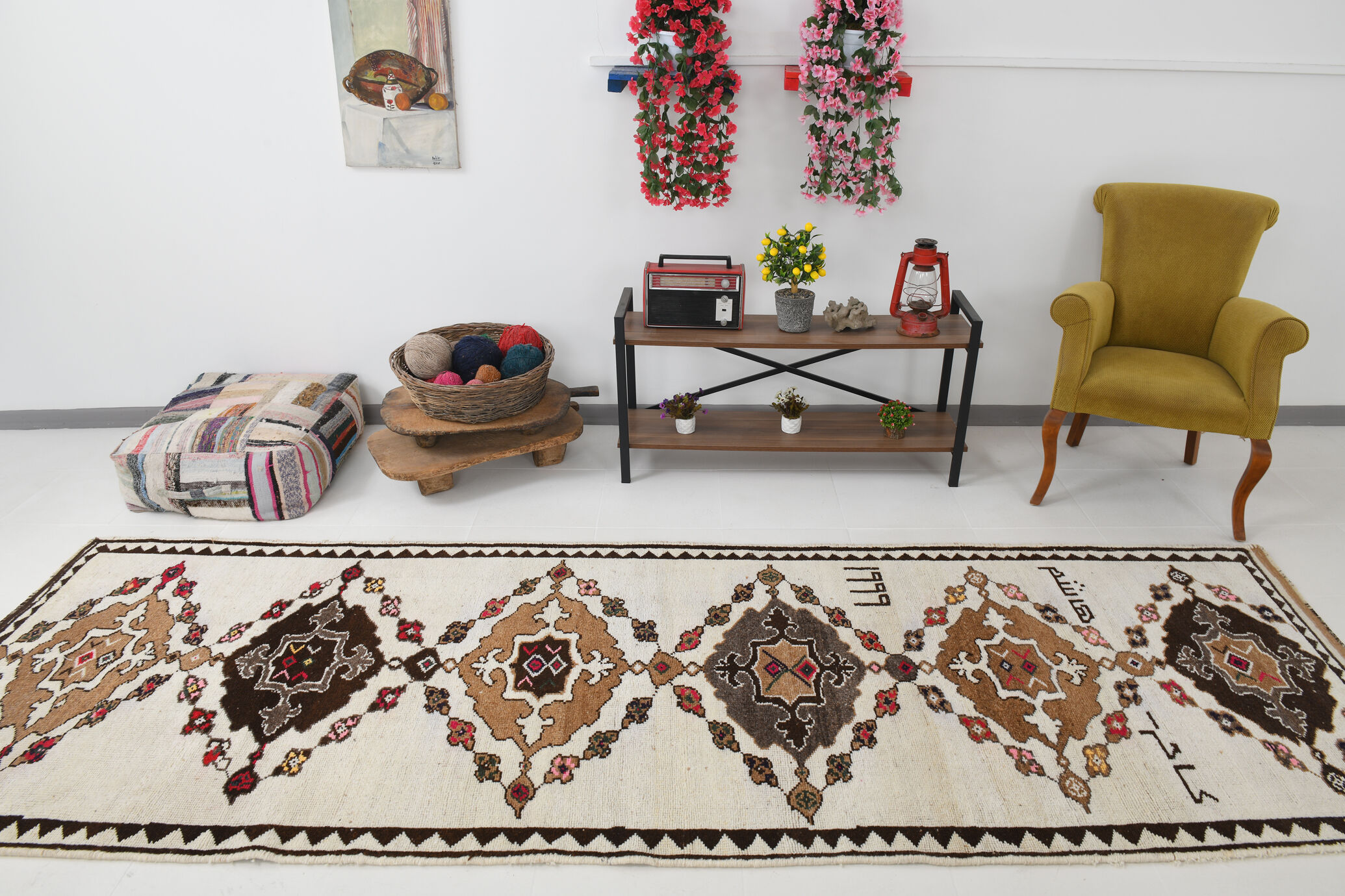 Wide brown beige turkish runner rug