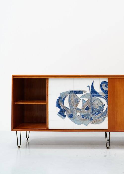 Alfred Hendrickx, Sideboard with Ceramic Art by Willy Meysmans