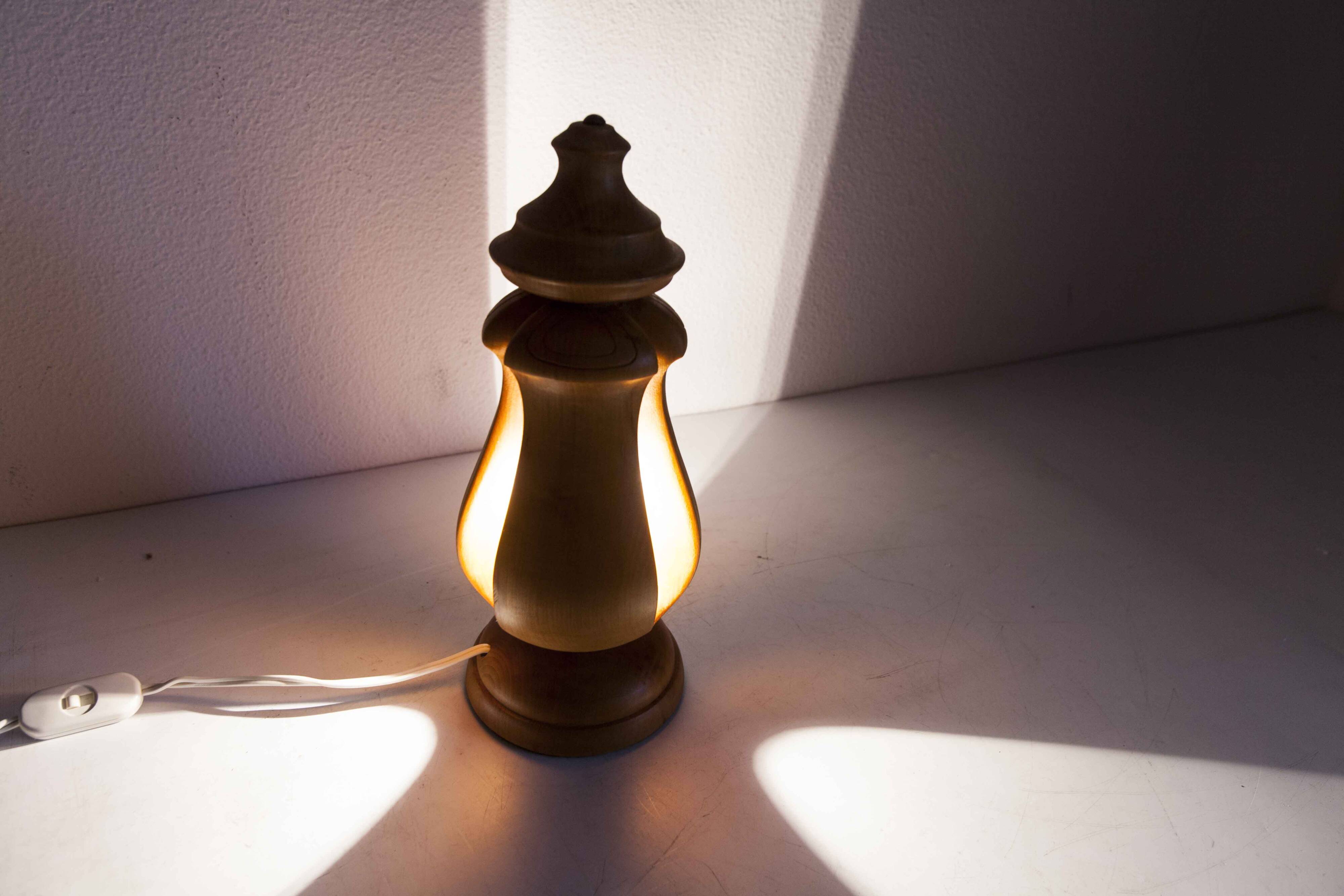 Original table lamp made of solid wood, handcrafted in the 1960s.