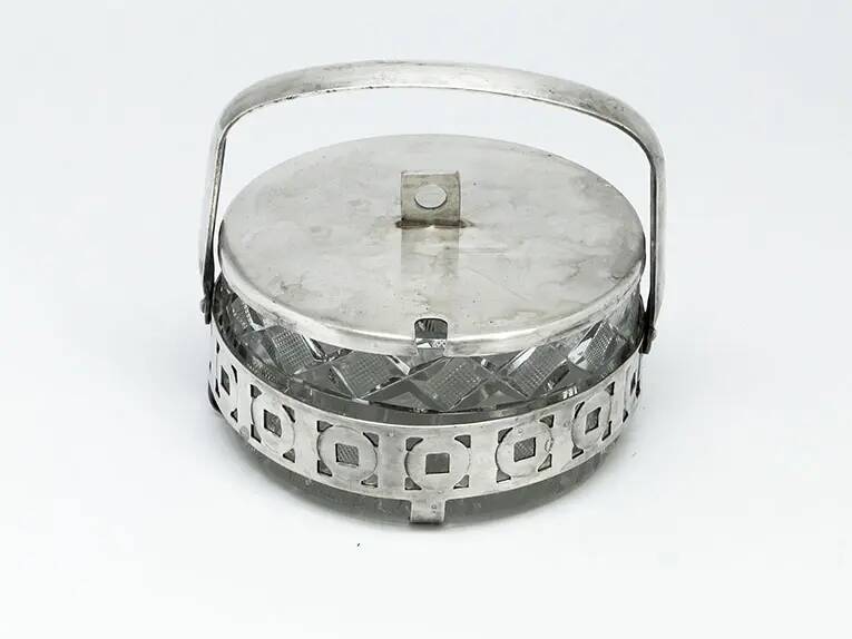 Sugar bowl, postmodernism, glass, silver-plated brass, Poland, 1970s