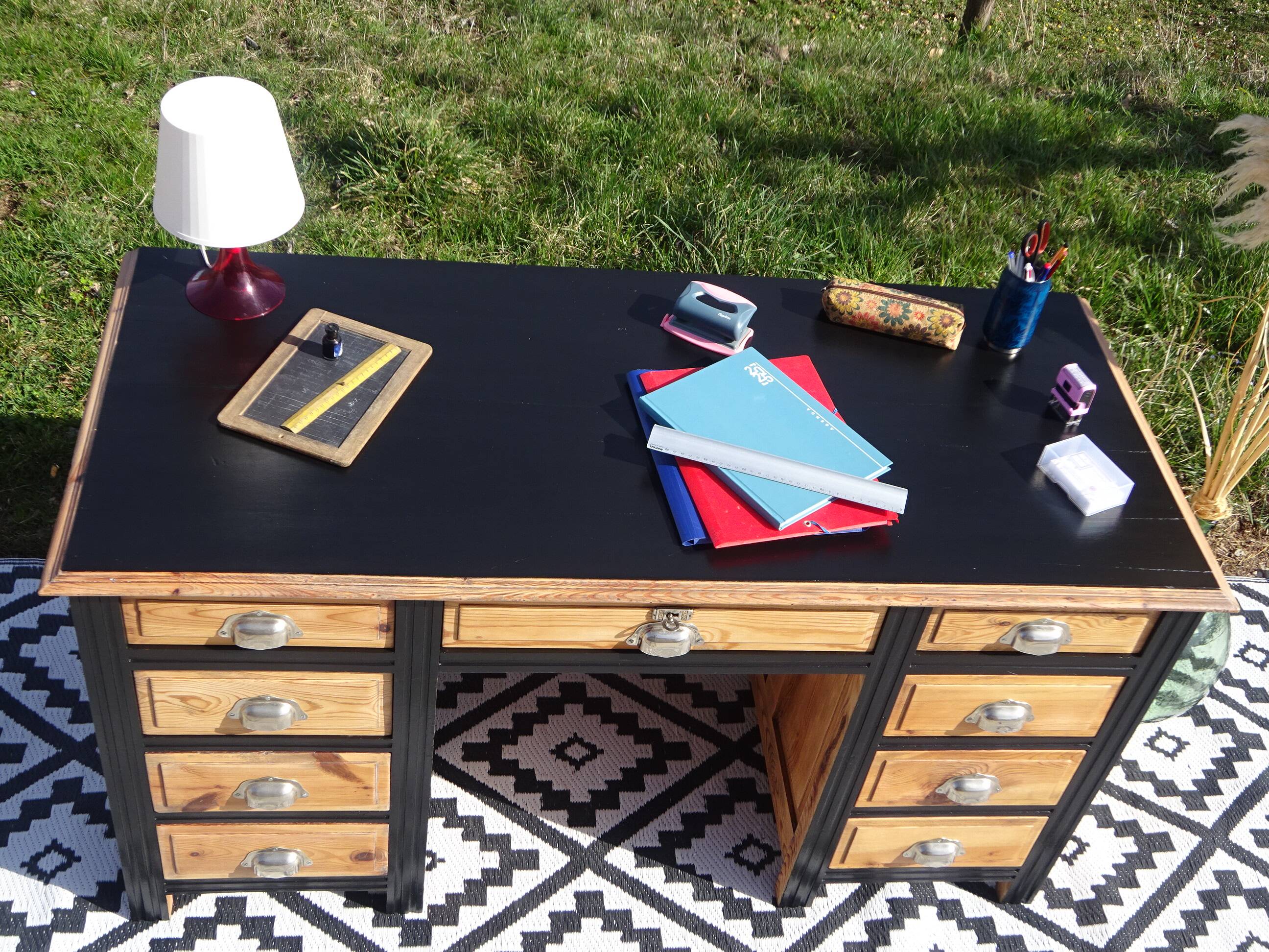 Restored antique pine desk, 9 drawers