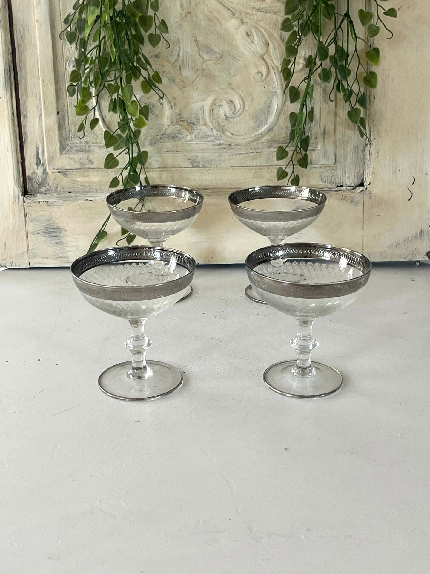 Etched silver rim cocktail coupe glasses set mid century barware