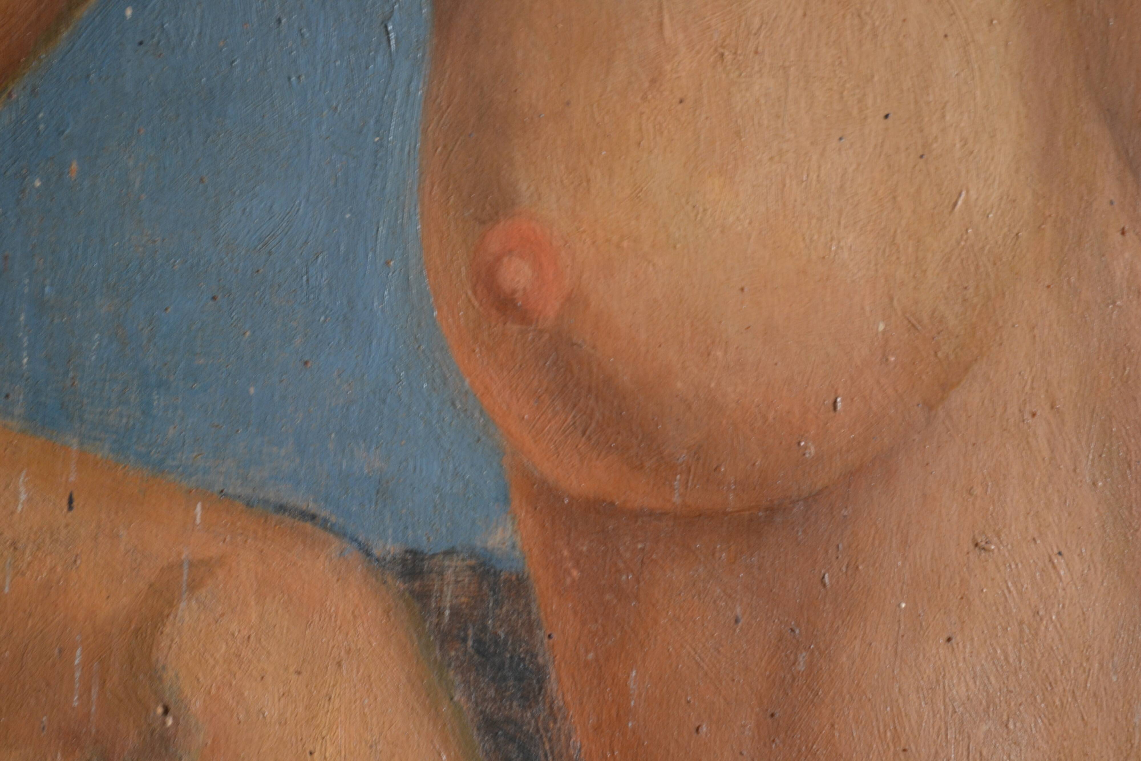 Old painting portrait nude woman oil on panel