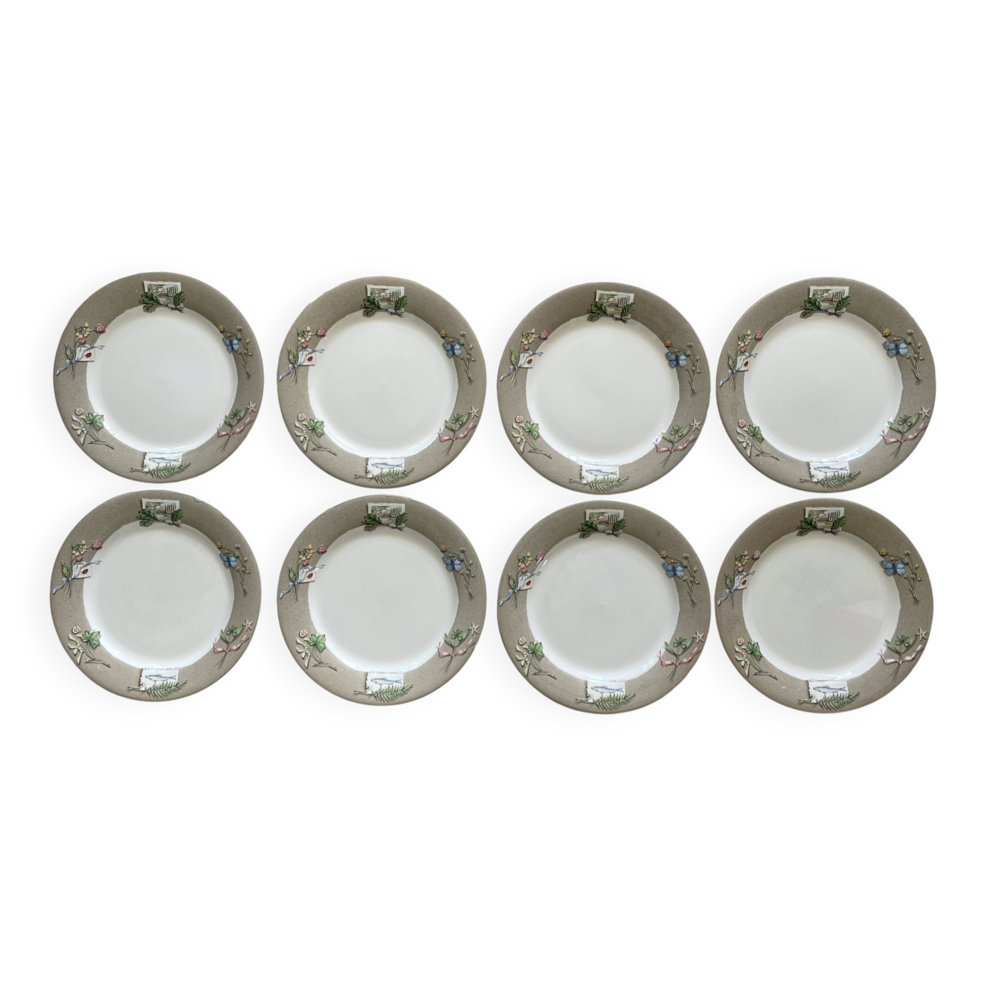 8 grandes assiettes plates en faïence de gien