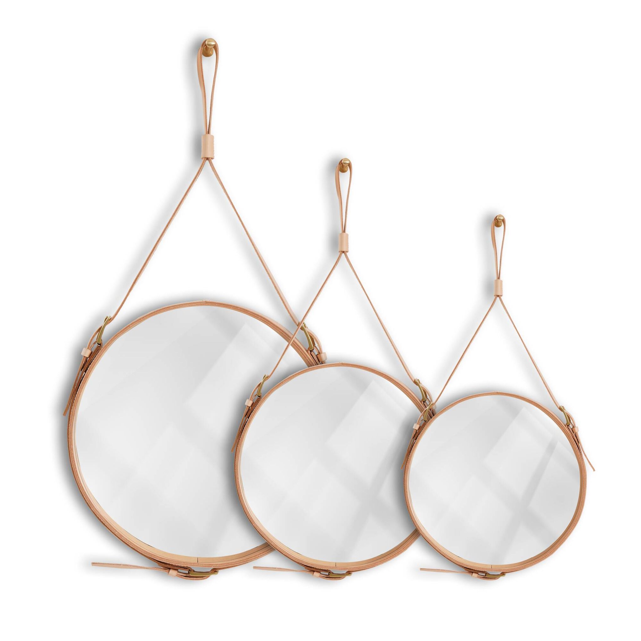 Handmade J. Adnet style mirror in natural vegetable-tanned leather, ø 45 cm