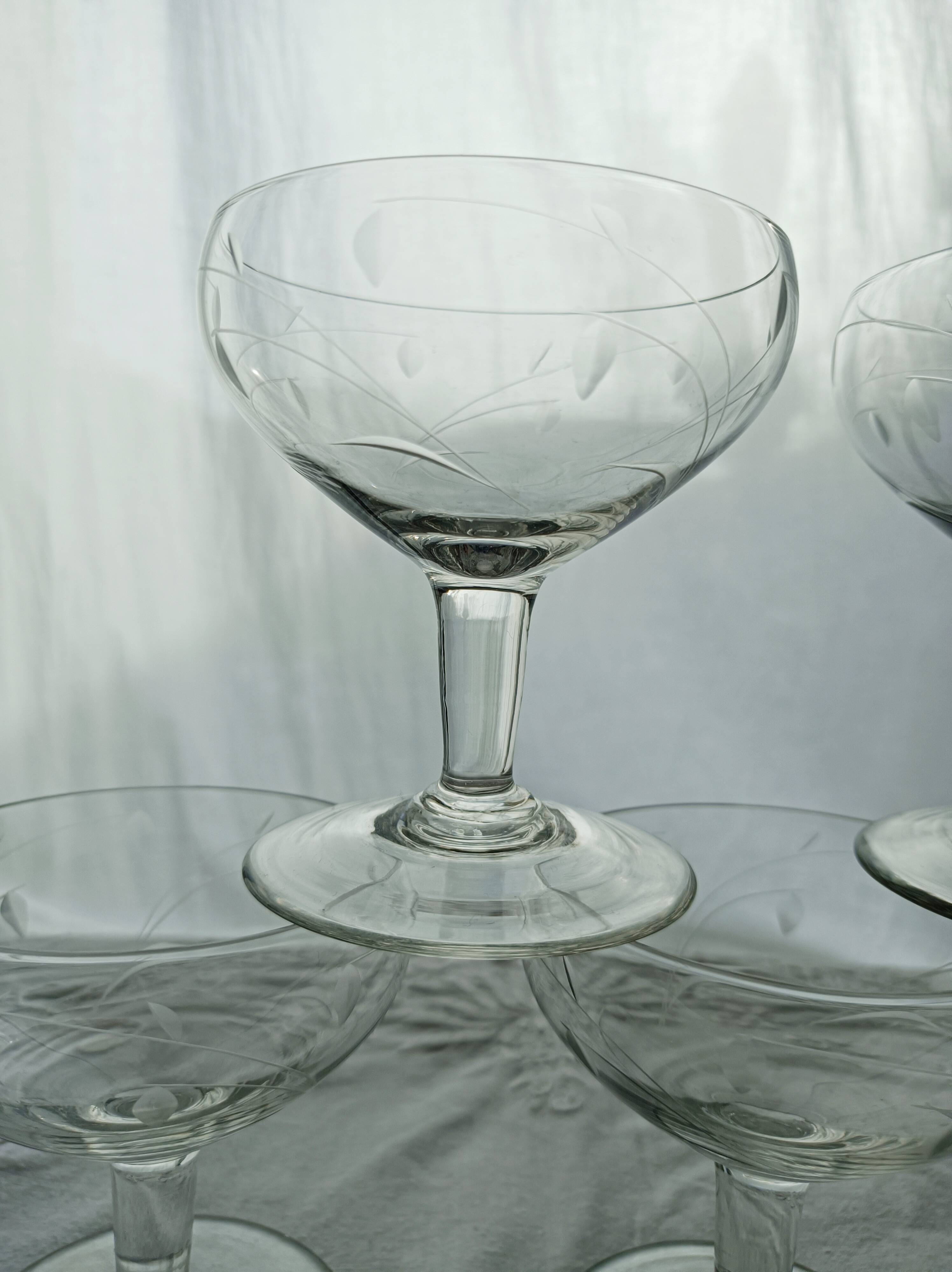 Lot de 5 coupes à champagne en verre gravé feuillage