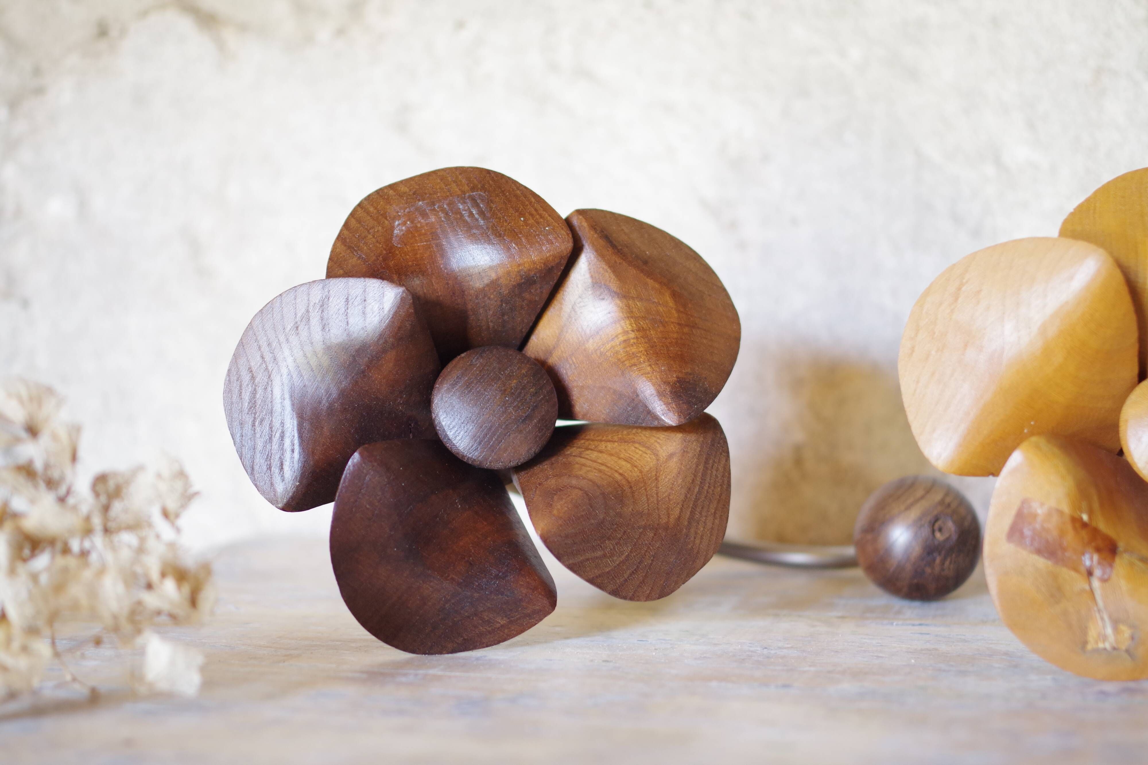 Vintage wood and metal years 70 s hooks in the shape of flowers